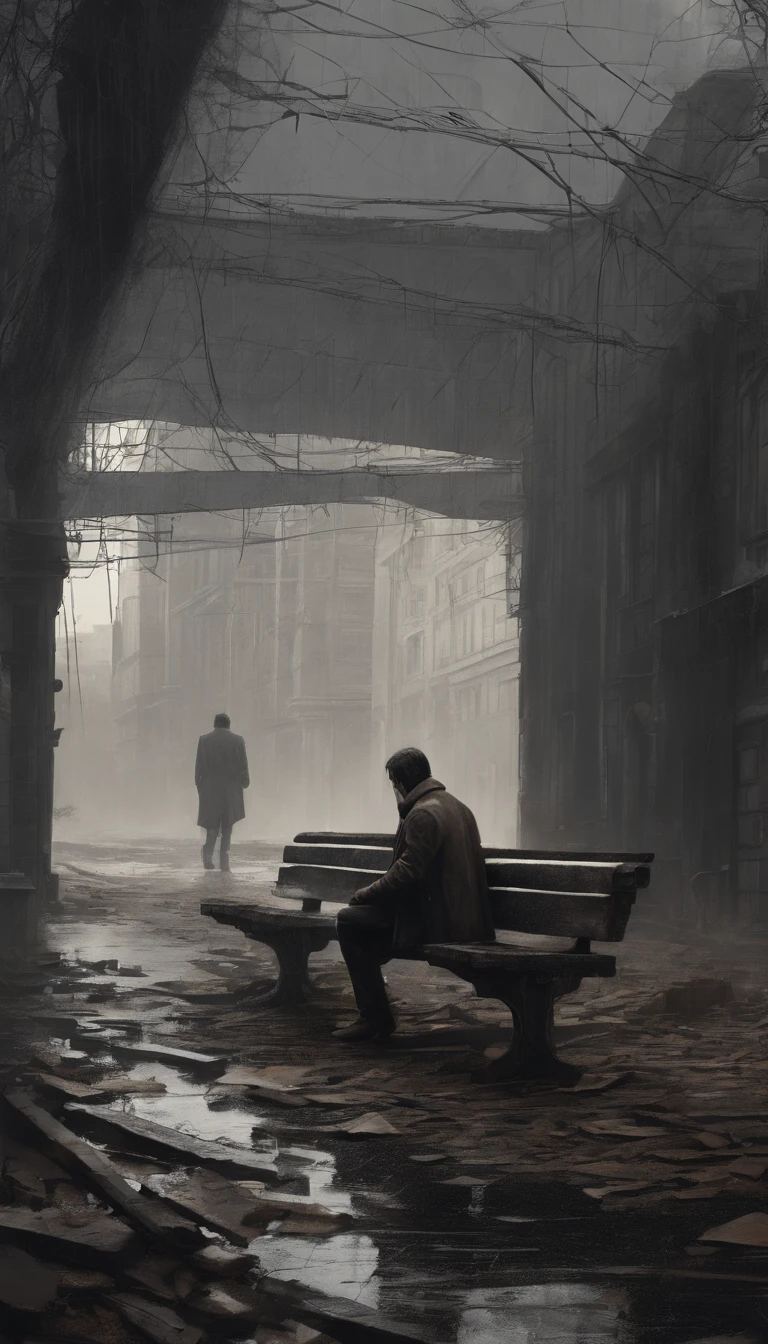 (a man sitting on a wooden bench,dilapidated city) (best quality,4k,8k,highres,masterpiece:1.2),ultra-detailed,(realistic,photorealistic,photo-realistic:1.37),oil painting,dark and gloomy atmosphere,urban decay,broken buildings,crumbling facades,barren streets,decaying infrastructure,dramatic lighting,desolate surroundings,rain-soaked ground,falling leaves,loneliness,desperation,reflection,blurry figures in the background,hopelessness,shattered dreams,desperate times,subtle hues of gray and brown,soft natural light