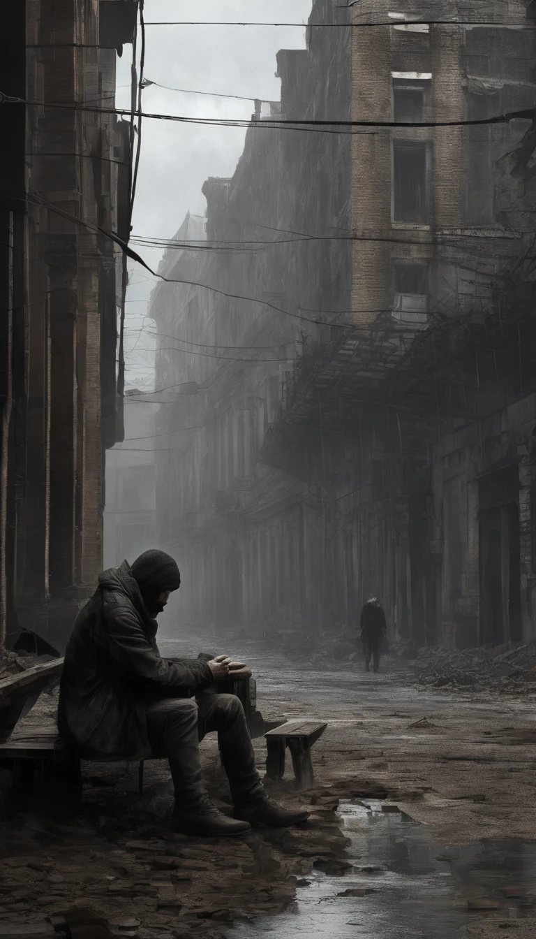 (a man sitting on a wooden bench,dilapidated city) (best quality,4k,8k,highres,masterpiece:1.2),ultra-detailed,(realistic,photorealistic,photo-realistic:1.37),oil painting,dark and gloomy atmosphere,urban decay,broken buildings,crumbling facades,barren streets,decaying infrastructure,dramatic lighting,desolate surroundings,rain-soaked ground,falling leaves,loneliness,desperation,reflection,blurry figures in the background,hopelessness,shattered dreams,desperate times,subtle hues of gray and brown,soft natural light