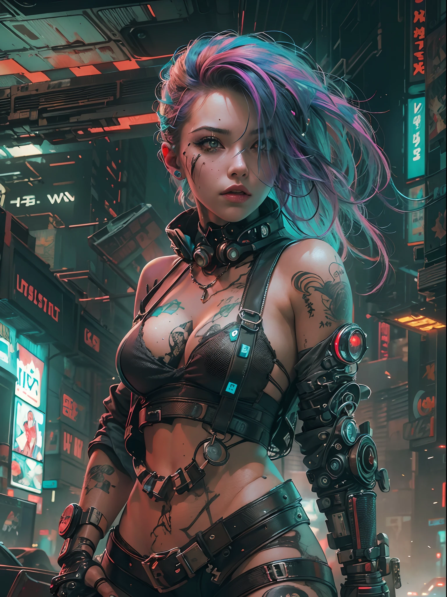 Unbeatable masterpiece, Ultra photo realsisim, Perfect Artwork, Intricate details, Best Quality, strong lights,High contrast,((Post apocalyptic futuristic Cyberpunk , outline):1.35) , ((masterpiece)),((Extremely detailed)) , ((extremely detailed and beautiful face)) , Smoky makeup, Perfectcomposition , intricate detailes , neon light , neon trim, (full body Esbian:1.25) , (Official art) , Very delicately beautiful cyberpunk girl, long rainbow colored hair blowing in the wind, vibrant yellow eyes, long detailed eyelashes, huge enormously gigantic tits, cleavage showing, wearing highly detailed futuristic hooded battle armor, tons of tattoos and piercings(1girl:1.3) , Solo , (glass screen:1.2) , (Clear glass) , Tindall Effect , Colorful refraction , visual impact , (High light contrast) , Colorful , Melt , (Cyberpunk:1.2) ,(flinch :1.4) ,