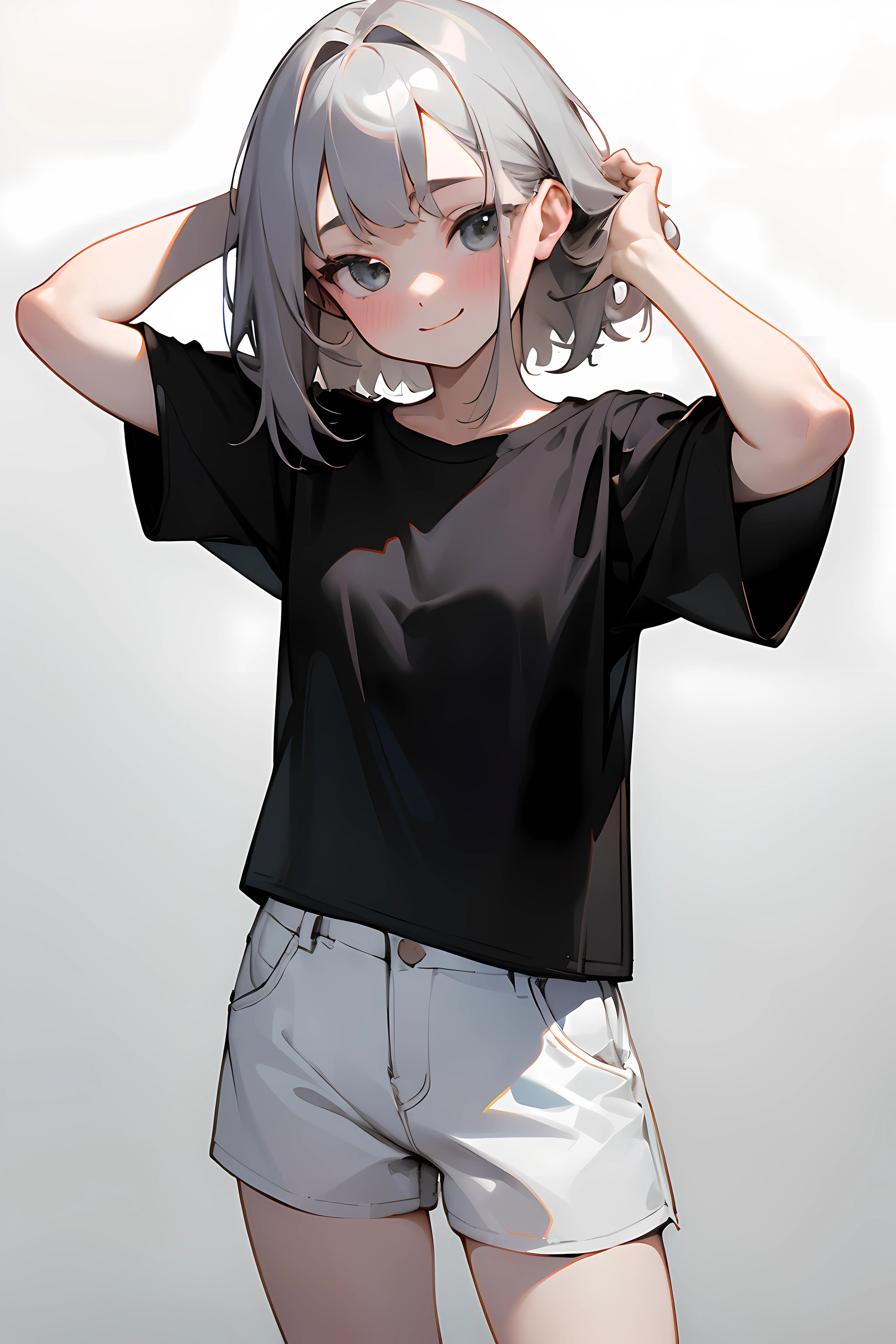 ((Masterpiece)), (Professional Photography:1.2), (High Definition:1.3), portrait shot, best quality, 8K, (from front), ((oversized simply black T-shirt)), cute teenage girl, super cute face, (pale silver medium hair), silky hair, (flat chest), blush, smile, standing proudly, against the white background, place both hands on head, hide a short pant, (exposed thigh)