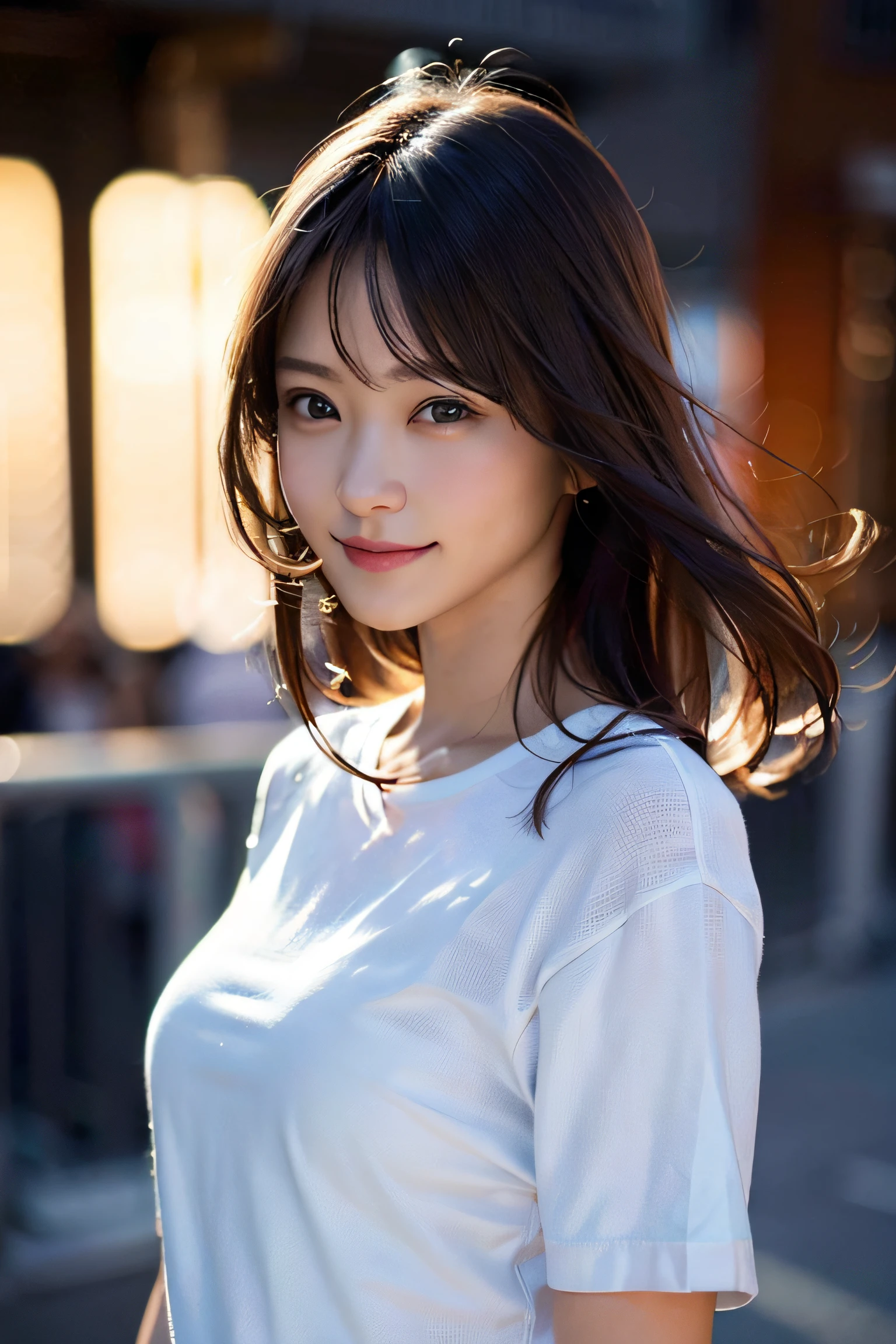 (8k, RAW photo, top quality, masterpiece: 1.2), (realistic, photorealistic: 1.37), ultra detail, ultra high resolution, one girl, beholder, beautiful detailed face, smile, constriction, (slim waist): 1.3), t-shirt, beautiful detailed skin, skin texture, floating hair, professional lighting,