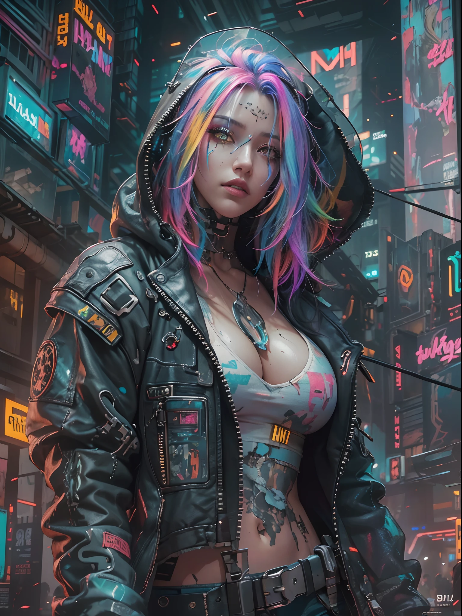 Unbeatable masterpiece, Ultra photo realsisim, Perfect Artwork, Intricate details, Best Quality, strong lights,High contrast,((Post apocalyptic futuristic Cyberpunk , outline):1.35) , ((masterpiece)),((Extremely detailed)) , ((extremely detailed and beautiful face)) , Smoky makeup, Perfectcomposition , intricate detailes , neon light , neon trim, (full body Esbian:1.25) , (Official art) , Very delicately beautiful cyberpunk girl, long rainbow colored hair blowing in the wind, vibrant yellow eyes, long detailed eyelashes, huge enormously gigantic tits, cleavage showing, wearing highly detailed futuristic hooded battle armor, tons of tattoos and piercings(1girl:1.3) , Solo , (glass screen:1.2) , (Clear glass) , Tindall Effect , Colorful refraction , visual impact , (High light contrast) , Colorful , Melt , (Cyberpunk:1.2) ,(flinch :1.4) ,