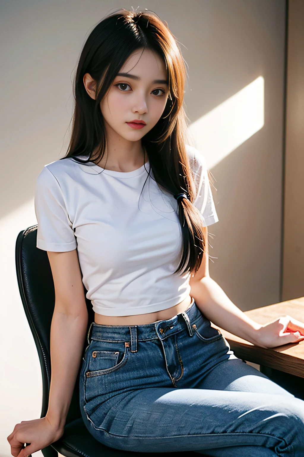 Amidst the soft lighting, an Asian young woman in her 20s sits comfortably on a plush sofa. Her ultra-curved figure is accentuated as she crosses one leg over the other, showing off her extreme body focus and profound gaze. Her idol face, adorned with seductive expressions, catches the eye. The Cannon EOS R5 captures every detail in ultra-realistic, photorealistic quality. She dons a simple t-shirt, paired with blue jean hot pants and long socks, adding an allure to her casual yet captivating appearance.