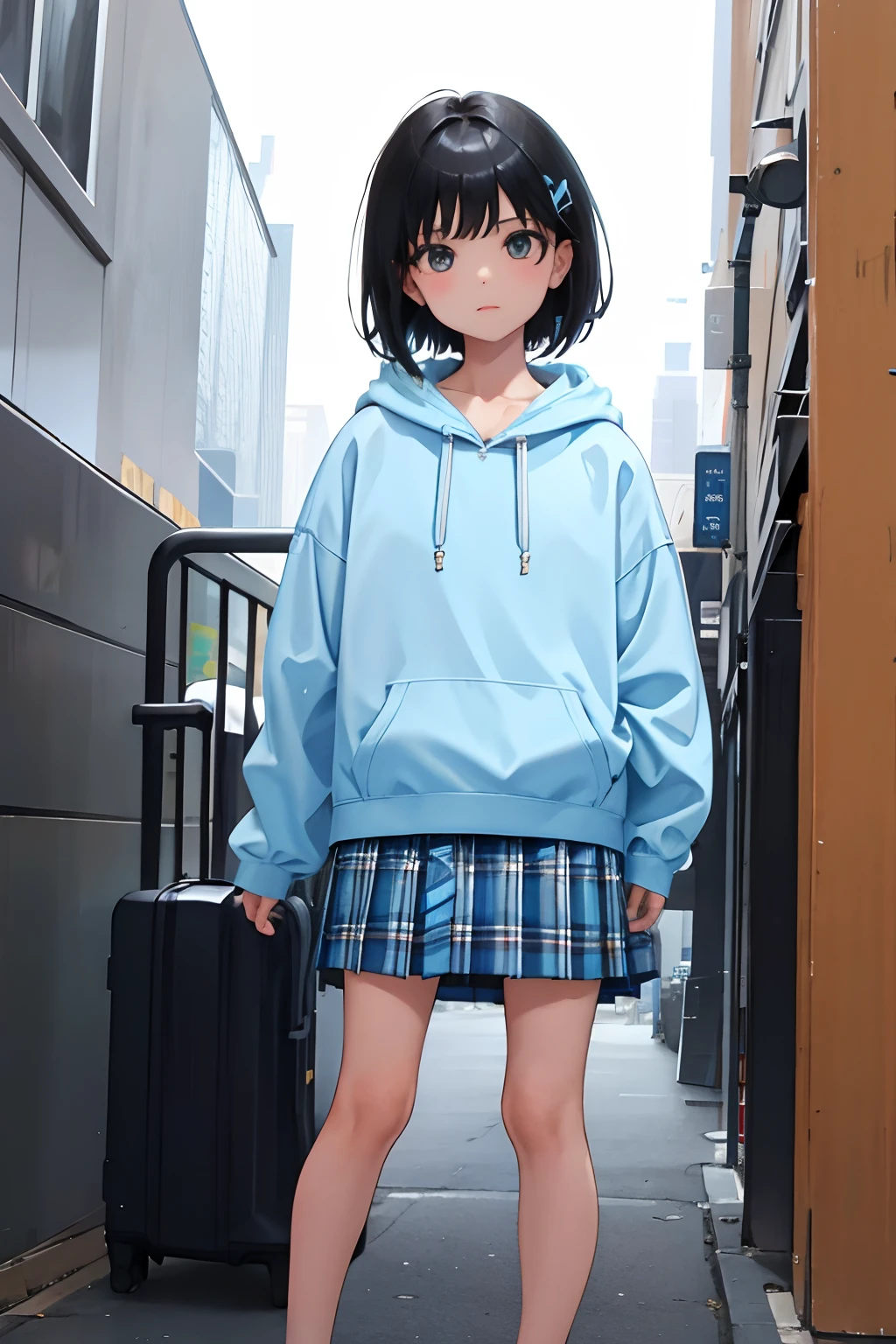 child,(masterpiece,Highest Quality),Light blue hoodie,plaid skirts,Short sleeved black hair