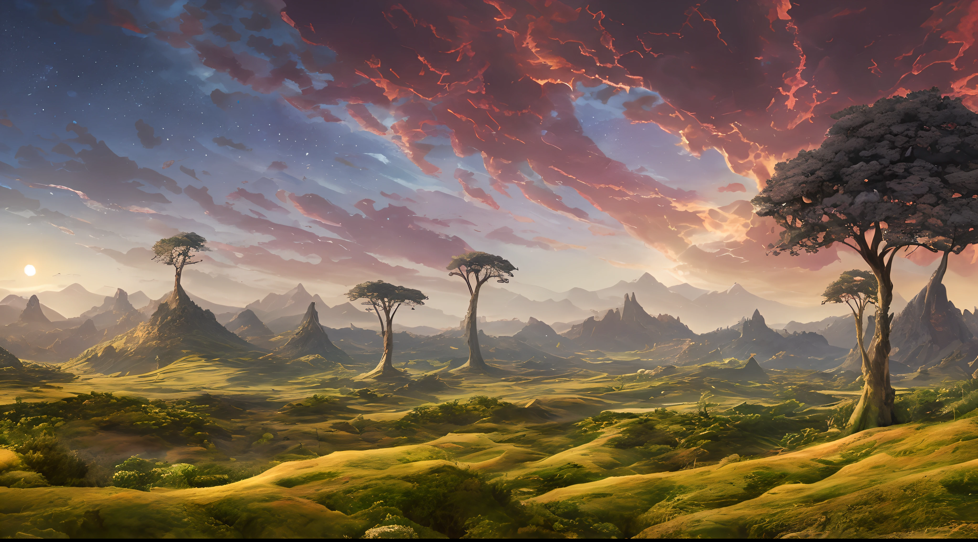 Sci-fi digital painting of an alien landscape with (otherworldly plants), ((strange weird creatures)), and distant moons in sky, ((cinematic lighting))