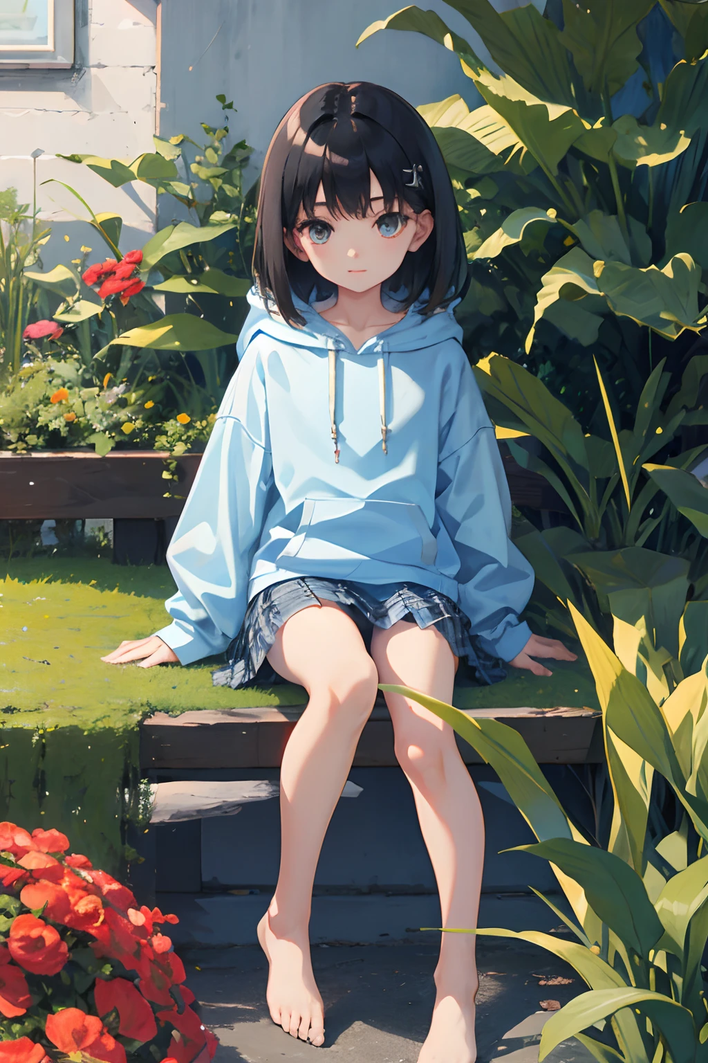child，（​masterpiece，Highest Quality），Light blue hoodie，plaid skirts，Short sleeved black hair