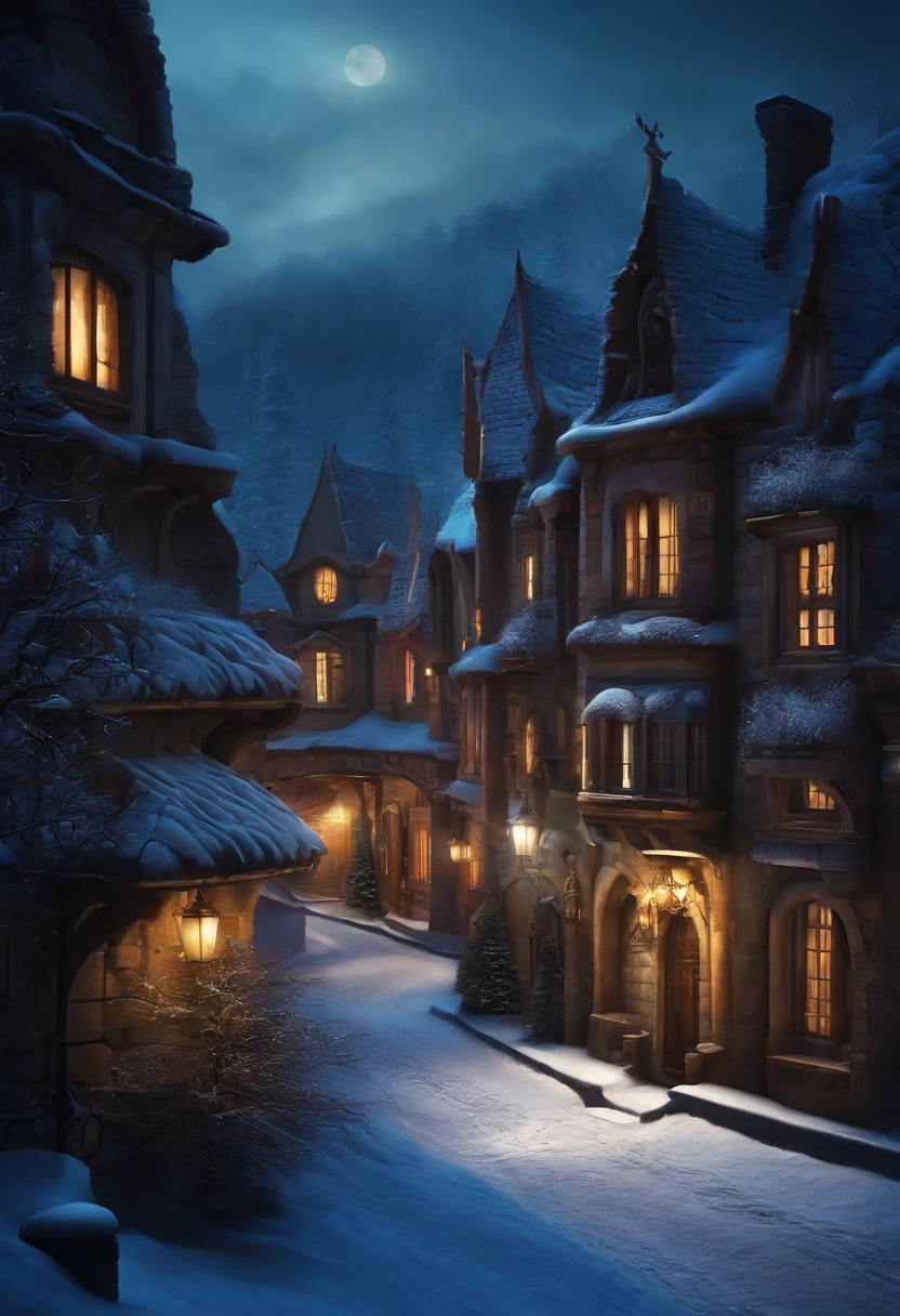 fantasy city, night, winter and cold,