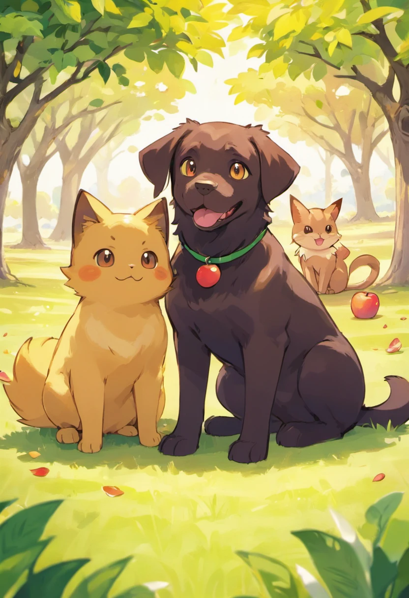 in the center of the image there is a slim brown chocolate labrador dog that has brown eyes and a happy goofy expression. Sitting beside the dog is a black long haired cat that looks grumpy irritated with large expressive yellow eyes. the background is a grassy backyard with an apple tree and there are apples on the ground
