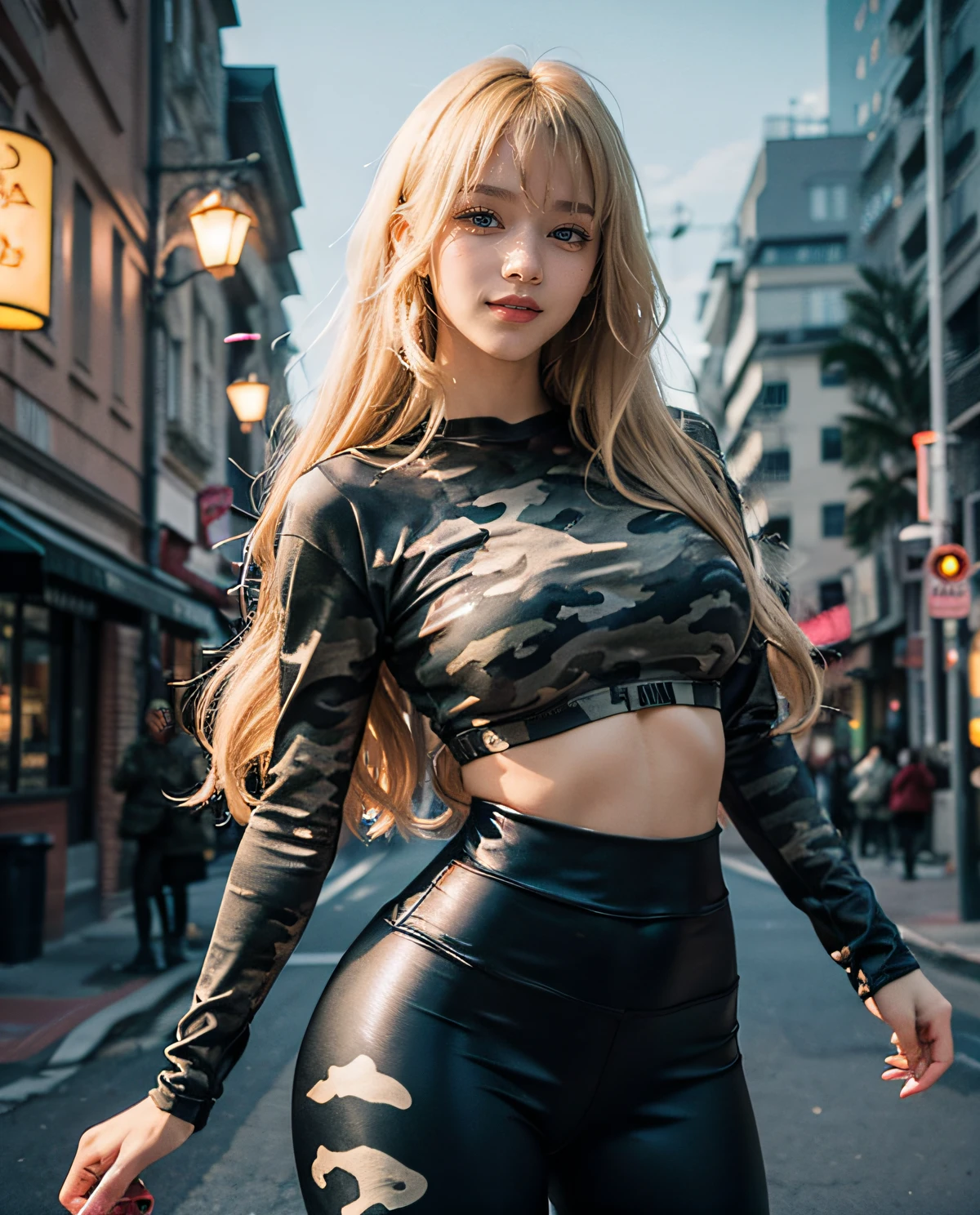 1girl, (Blue eyes), (Smile), (Sana Minatozaki), wide hips, Big Boobs, big ass, (Best Quality, 8k, Masterpiece: 1.3), Clear Focus: 1.2, Perfect Body Beauty: 1.4 , Slender Abs: 1.2, Highly detailed face and skin texture, detailed eyes, double eyelids, (blonde long hair whit bangs), (black camouflage leggings :1.3), (black fitted long sleeve t-shirt), standing dynamic pose, on a street at night illuminated by streetlights