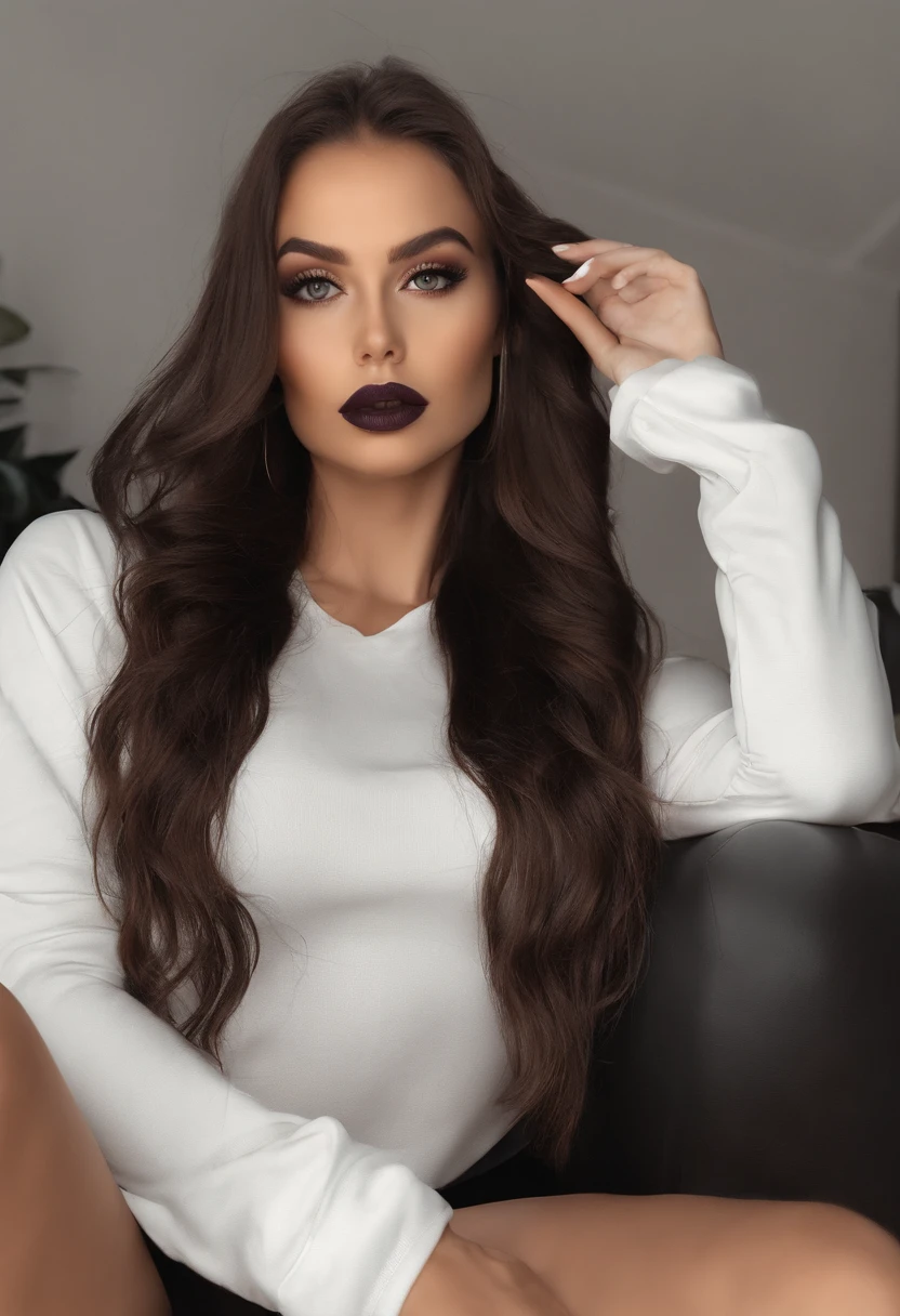 Arafed woman in black sports tracksuit, fille sexy aux yeux verts, Portrait Sophie Mudd, cheveux bruns et grands yeux, selfie of a young woman, Yeux de chambre, Dark purple lipstick, pas de maquillage, maquillage naturel, looking straight at camera, Visage avec Artgram, maquillage fin, Superbe plan complet, piercing green eyes, Bel angle, pose attrayante, douce fille, sexy pose, Image pleine longueur, complet - corps, Prise de vue du corps entier, brunette goddess, High detail, Posture satisfaite, Pantalon en cuir, gothique, Sein apparent, Tenue sexy, Stern look, Vulgaire, Pied apparent, Dominante