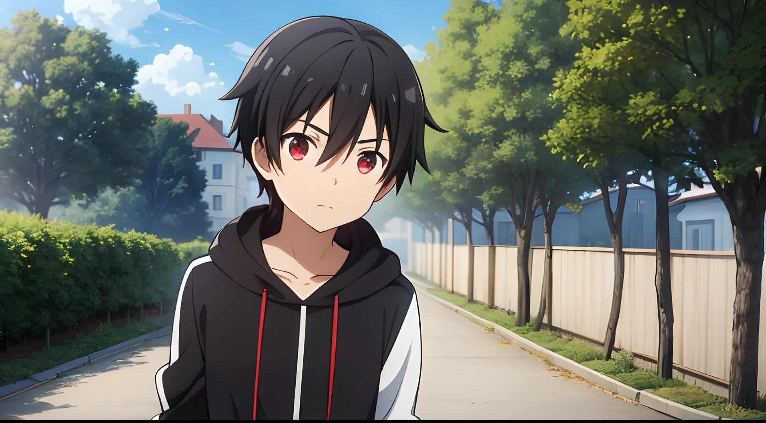 A boy with black hair in a Kirito-style, a red beam of light in his eyes, wearing a white and blue hoodie, with a village full of trees and houses in the background, a bit distant