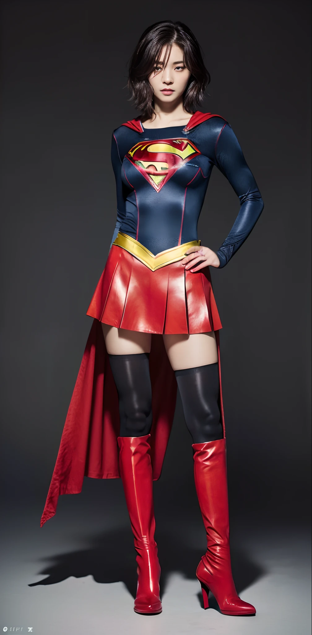 japanes、Cute Beautiful Girl、(((Wear black tights on your beautiful legs.)))、(((beauty legs)))、(((Painful look)))、((((Make the most of the original image)))、(((Supergirl Costume)))、(((Beautiful short hair、The hair)))、(((Suffering)))、(((Feet must necessarily be worn with black tights)))、(((You need to wear red boots)))、((Top image quality、8K))、((top-quality、8K、masterpiece:1.3))、(((Keep your background simple)))、Crisp focus:1.2、Beautiful woman with perfect body shape:1.4、Slender Abs:1.2、a wet body:1.5、Highly detailed facial and skin texture、8K、Keep your background simple