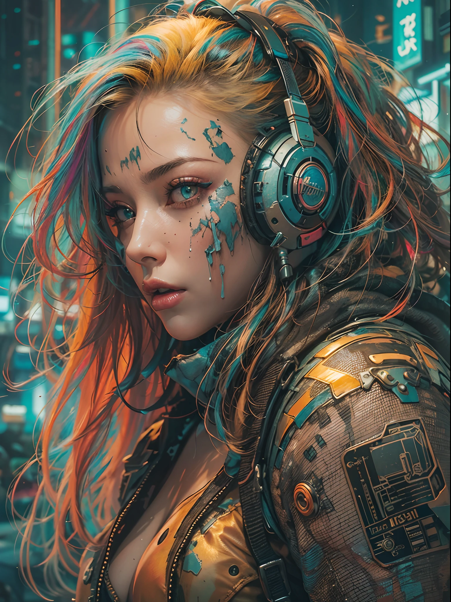 Unbeatable 32K UHD resolution wallpaper masterpiece, Ultra photo realsisim, Perfect Artwork, Intricate details, Best Quality, strong lights,High contrast,((Post apocalyptic futuristic Cyberpunk , outline):1.35) , ((masterpiece)),((Extremely detailed)) , ((extremely detailed and beautiful face)) , Smoky makeup, Perfectcomposition , intricate detailes , neon light , neon trim, (full body Esbian:1.25) , (Official art) , Very delicately beautiful cyberpunk girl, long rainbow colored hair blowing in the wind, vibrant yellow eyes, long detailed eyelashes, huge enormously gigantic tits, cleavage showing, wearing highly detailed futuristic hooded battle armor, tons of tattoos and piercings(1girl:1.3) , Solo , (glass screen:1.2) , (Clear glass) , Tindall Effect , Colorful refraction , visual impact , (High light contrast) , Colorful , Melt , (Cyberpunk:1.2) ,(flinch :1.4) ,