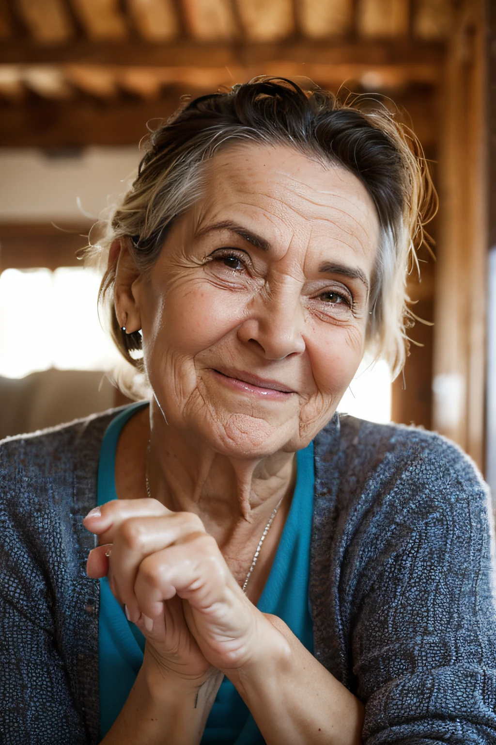 A lovely lady with wrinkles on her face, cute old woman, It's funny and quirky as a comedian, olhando pra camera. com roupas que expressam a sua velhice. the Expression in your beautiful home