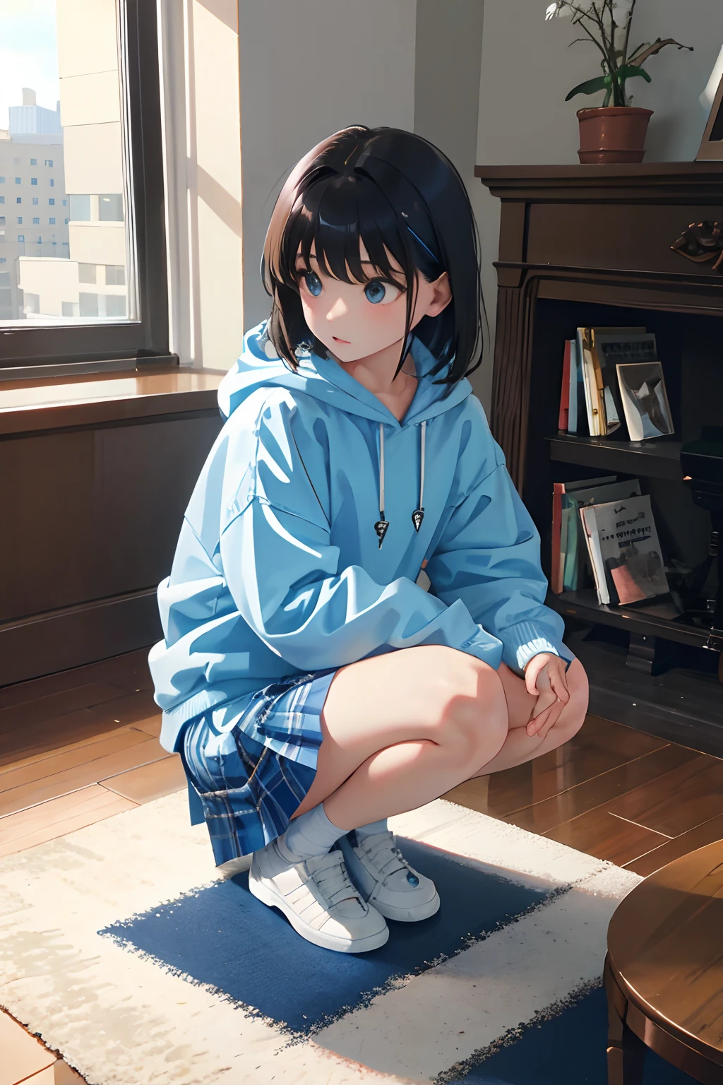 crouching down，，（​masterpiece，Highest Quality），Light blue hoodie，plaid skirts，A dark-haired