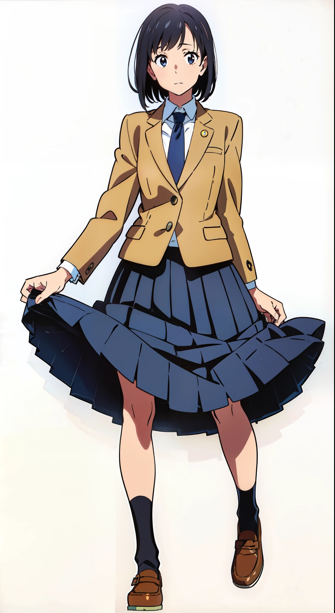 (nsfw:1.6), (one's skirt lift:1.5), (white background:1.1), (best quality:1.1), (masterpiece:1.1), (full body:1.0), (solo:1.0), (a 18yo cute girl:1.1), (long skirt:0.8), (dark blue skirt:1.0), (pleated skirt:1.0), (school uniform beige blazer:1.0), (dark blue necktie:1.0), (black socks:1.0), (loafers:1.0), (lanky:1.1), (tall:1.1), (slender:1.1), (small breasts:1.1), (detailed beautiful eyes:1.0), (detailed beautiful face:1.0), (glowing black eyes:1.0), (short hair:1.0), (strait hair:1.0), (black hair:1.0)