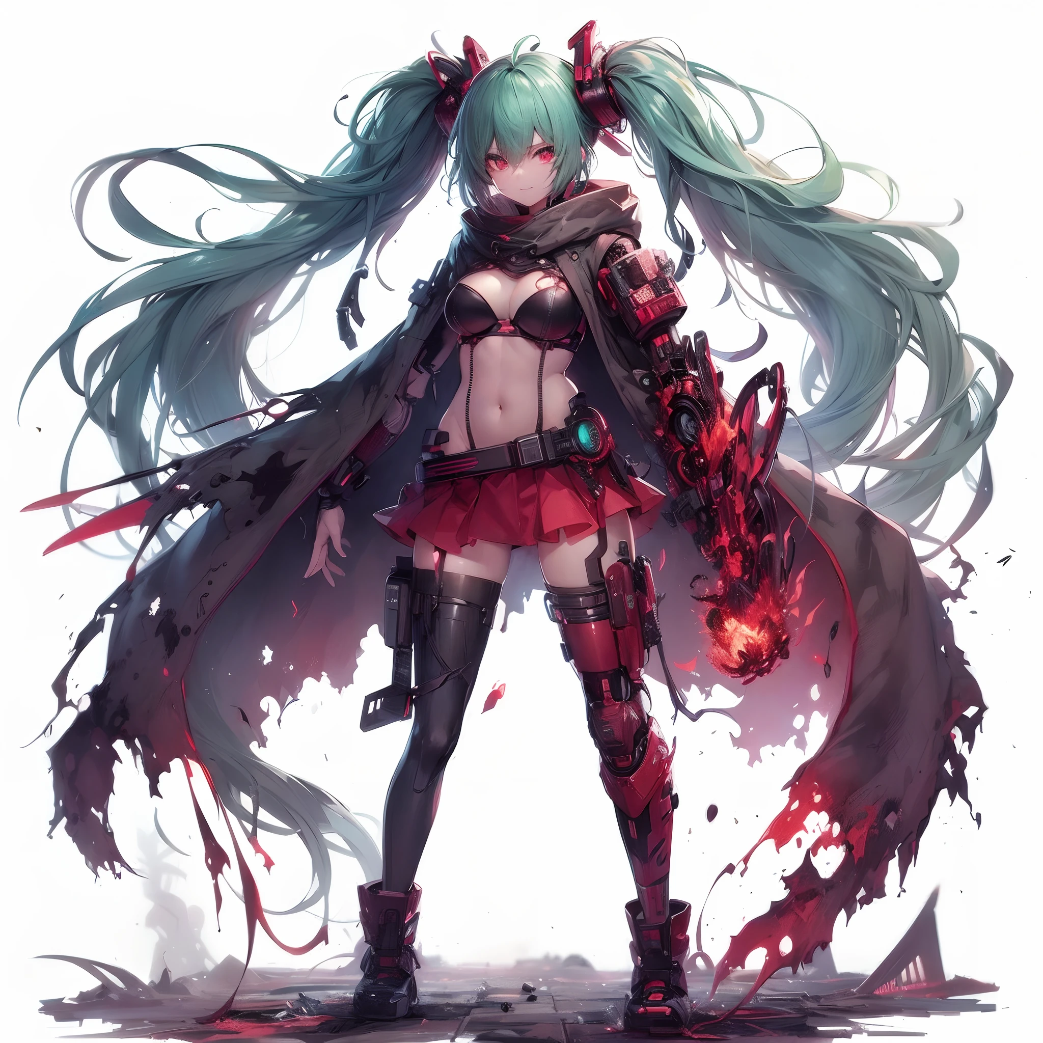 (masutepiece), (Perfect athlete body:1.2), Anime style, Full body, Cyberpunk Girl, Sea green twin hairstyle with red eyes, Wearing a Cyber Costume, Black and Purple Flaming Fist, Burnt mechanical limbs, Standing in the wasteland, Flame burning in the chest, White background, Whole body,A triumphant smile