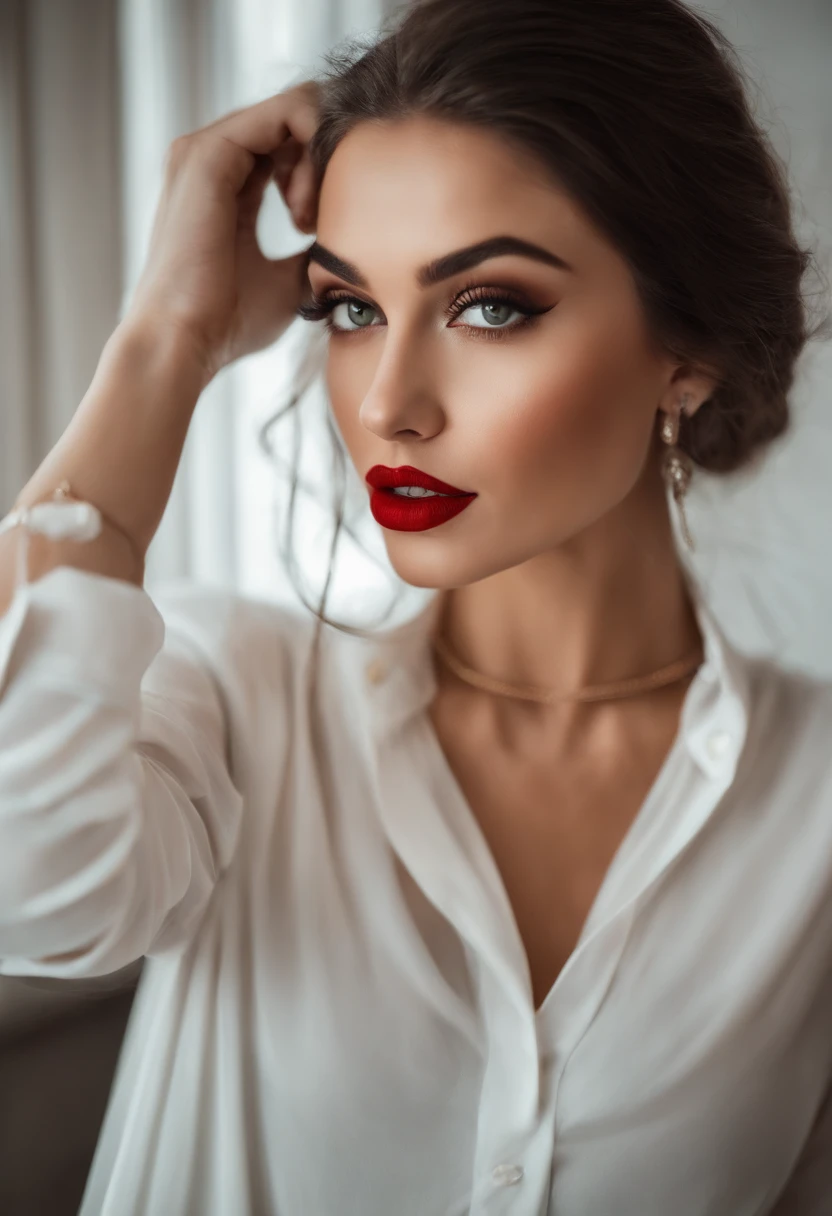 Femme Arafed en robe rouge, fille sexy aux yeux verts, Portrait Sophie Mudd, cheveux bruns et grands yeux, selfie of a young woman, Yeux de chambre, red lipstick, pas de maquillage, maquillage naturel, looking straight at camera, Visage avec Artgram, maquillage fin, Superbe plan complet, piercing green eyes, Bel angle, pose attrayante, douce fille, sexy pose, Image pleine longueur, complet - corps, Prise de vue du corps entier, brunette goddess, High detail, Posture satisfaite, Pantalon en latex rouge, Sein apparent, Tenue sexy, Hot, Stern look, Vulgaire, Dominante