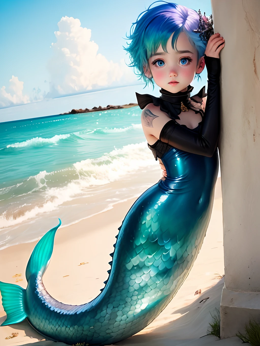 Mermaid child with blue hair and eyes