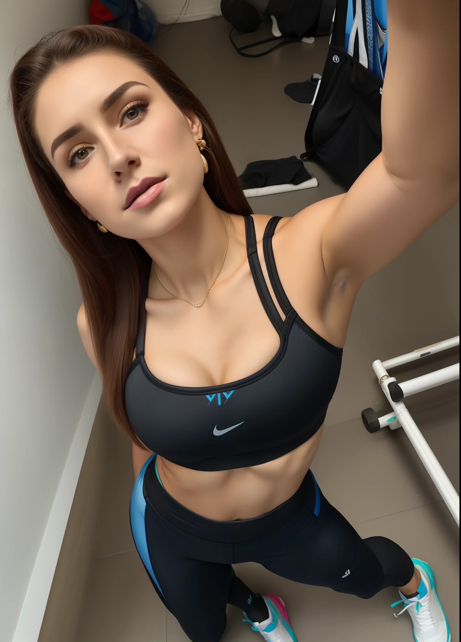 Arafed woman in a black sports bra top and blue earrings, Alina Ivanchenko, inspirado por Ion Andreescu, Violeta Myers, Photo adjustment, fernanda suarez, Viktoria Gavrilenko, Anastasia Ovchinnikova, Esporte bom, roupa apertada, tanque preto apertado, sport bra and shirt, sports bra, julia gorokhova