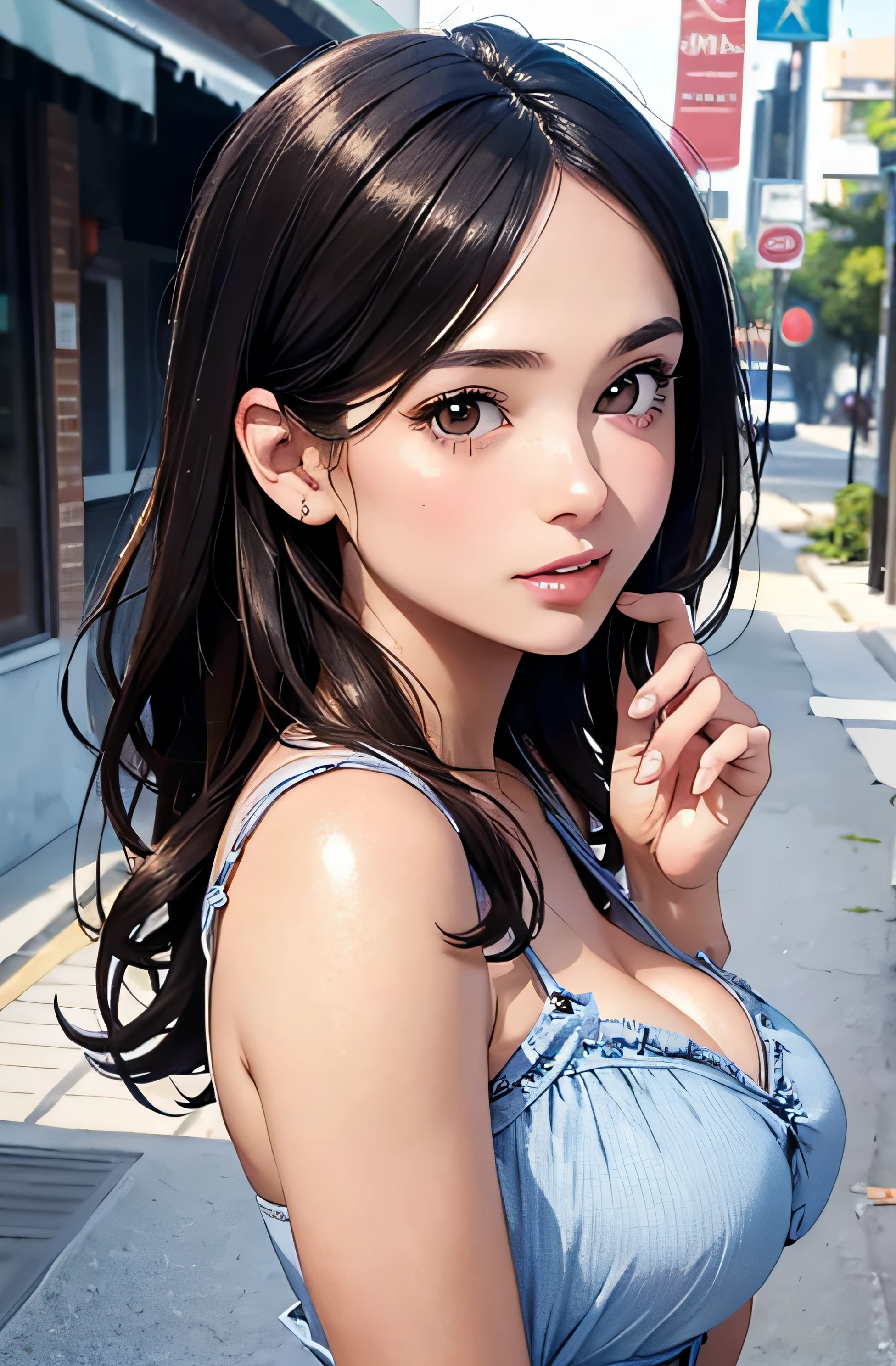 girl in summer clothes, ((taking a selfie)), random background, kiss, beautiful, medium breasts, flirtatious look, ((very detailed)), (perfectly detailed face), (well detailed hand), (well detailed hand), (well detailed hand), (well detailed hand), (well detailed hand) photorealistic image.