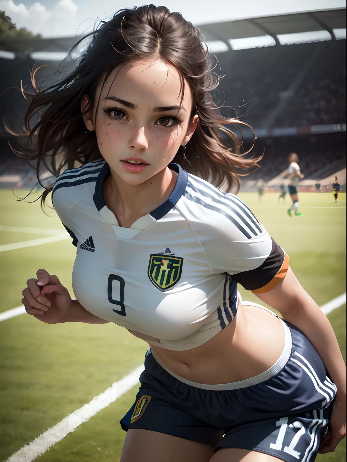 Best Quality, masutepiece, High resolution, (Photorealistic:1.4), Raw photo, 1 beautiful girl ,Women's Soccer Players ,small head,Large breasts,nice legs, Glowing skin, Sweat,At the soccer venue,(Detailed beautiful face:1.4),detailed skins,Detailed eyes,detailed hairs,Cool,Beautiful,