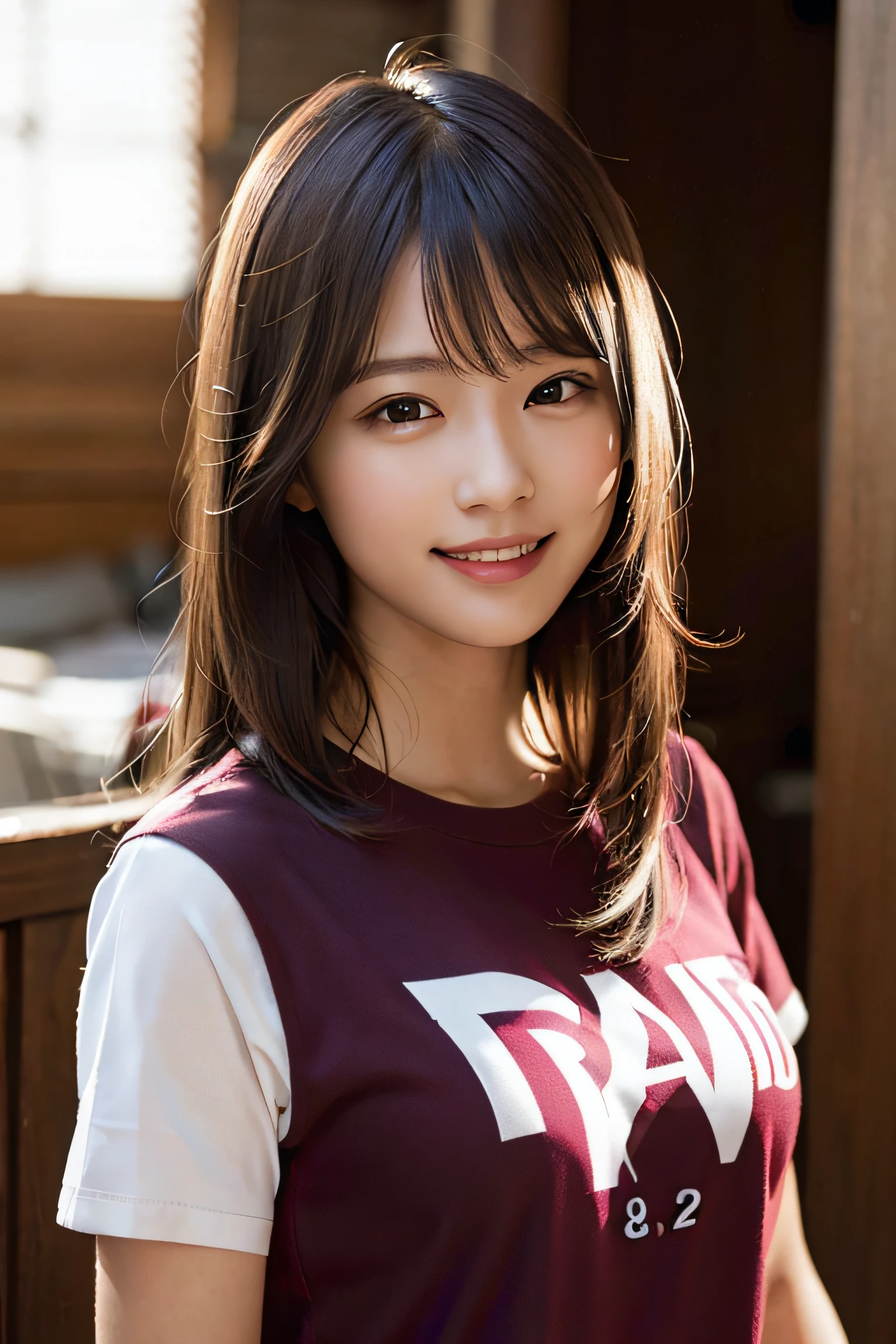 (8k, RAW photo, top quality, masterpiece: 1.2), (realistic, photorealistic: 1.37), ultra detail, ultra high resolution, one girl, beholder, beautiful detailed face, smile, constriction, (slim waist): 1.3), t-shirt, beautiful detailed skin, skin texture, floating hair, professional lighting,