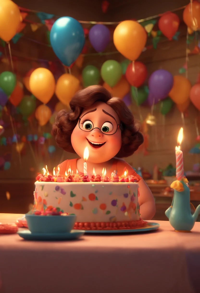 pixar desenhos animados 3D, Chubby brunette woman celebrating her birthday