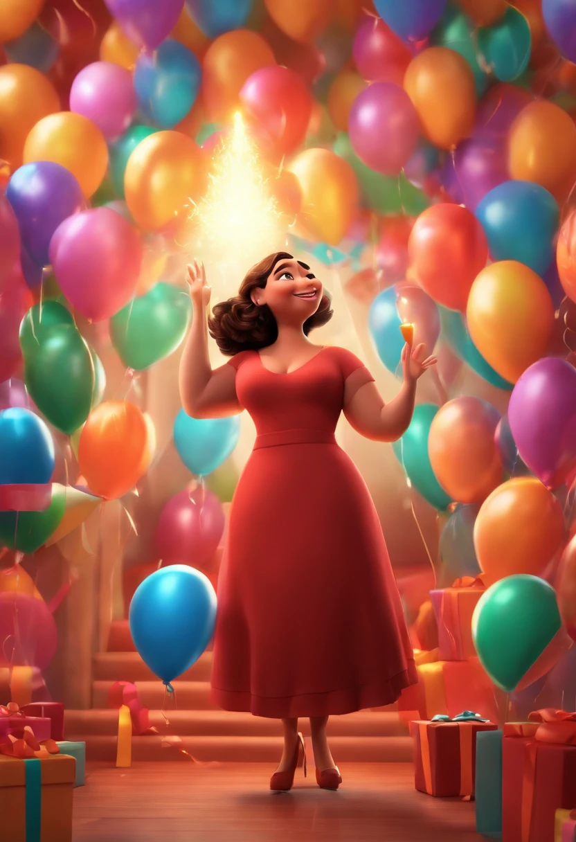 pixar desenhos animados 3D, Chubby brunette woman celebrating her birthday