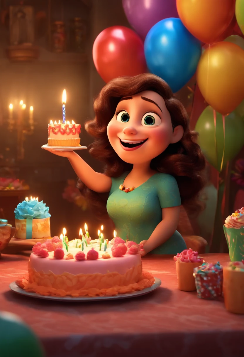 pixar desenhos animados 3D, Chubby brunette woman celebrating her birthday