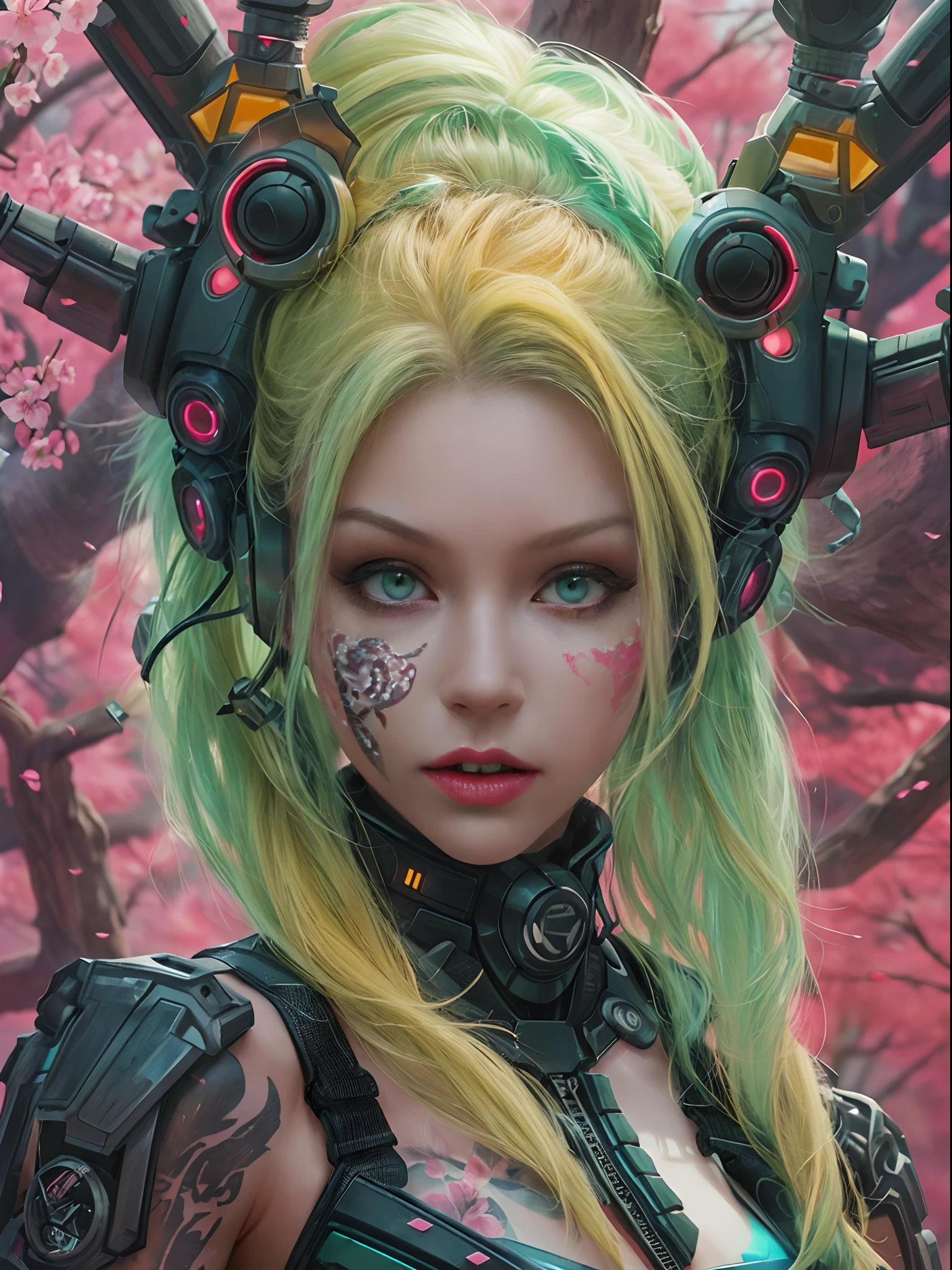 cyber punk Girl,(top-quality、8K、32K、masterpiece、nffsw:1.3)、(The ultra -The high-definition)、(Photorealsitic:1.4)、Raw photography, long neon green hair, Perfect vibrant yellow eyes and long detailed eyelashes, huge enormously gigantic tits, cleavage showing, wearing hooded futuristic battle armor, tons of tattoos and piercings, Charming perfect figure,actionpose:1.2,Detailed cyberpunk fashion、futuristic World of Cyberpunk,cherry blossoms blowing in the wind, depth of fields, highly detailed backround,、