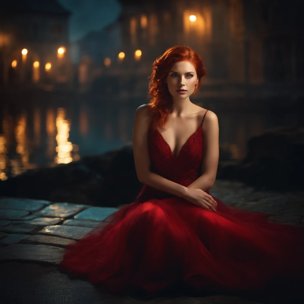 A beautiful red-haired woman in a mysterious setting at night, emanating an enigmatic aura