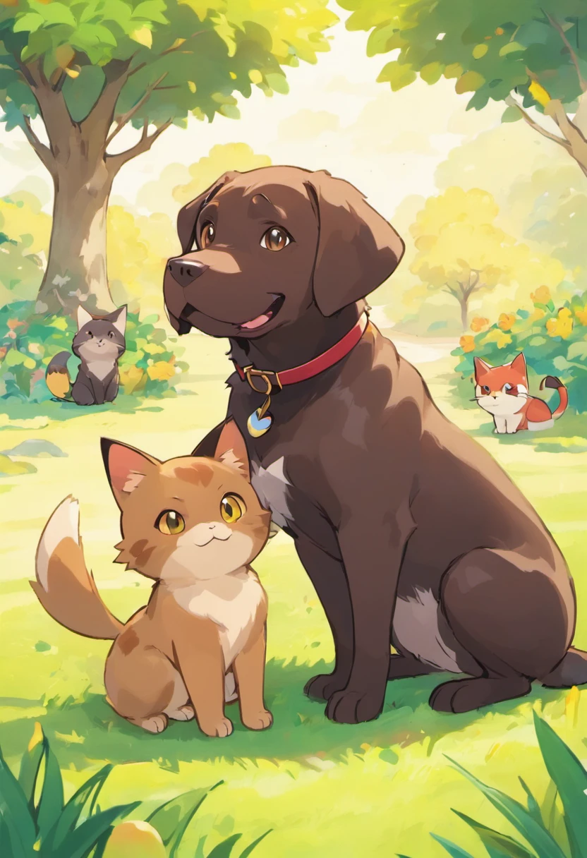 The image contains one dog and one cat that are sitting next to each other. The dog is a slim, brown, chocolate, labrador dog, that has brown eyes, and a happy, goofy, expression. Sitting beside the dog is a black long haired cat, the cat looks grumpy, irritated, with large, expressive, yellow eyes. the background is a grassy backyard with an apple tree, the tree has many apples, and there are apples on the ground
