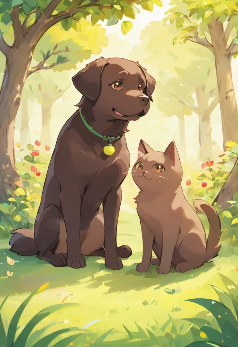 The image contains one dog and one cat that are sitting next to each other. The dog is a slim, brown, chocolate, labrador dog, that has brown eyes, and a happy, goofy, expression. Sitting beside the dog is a black long haired cat, the cat looks grumpy, irritated, with large, expressive, yellow eyes. the background is a grassy backyard with an apple tree, the tree has many apples, and there are apples on the ground