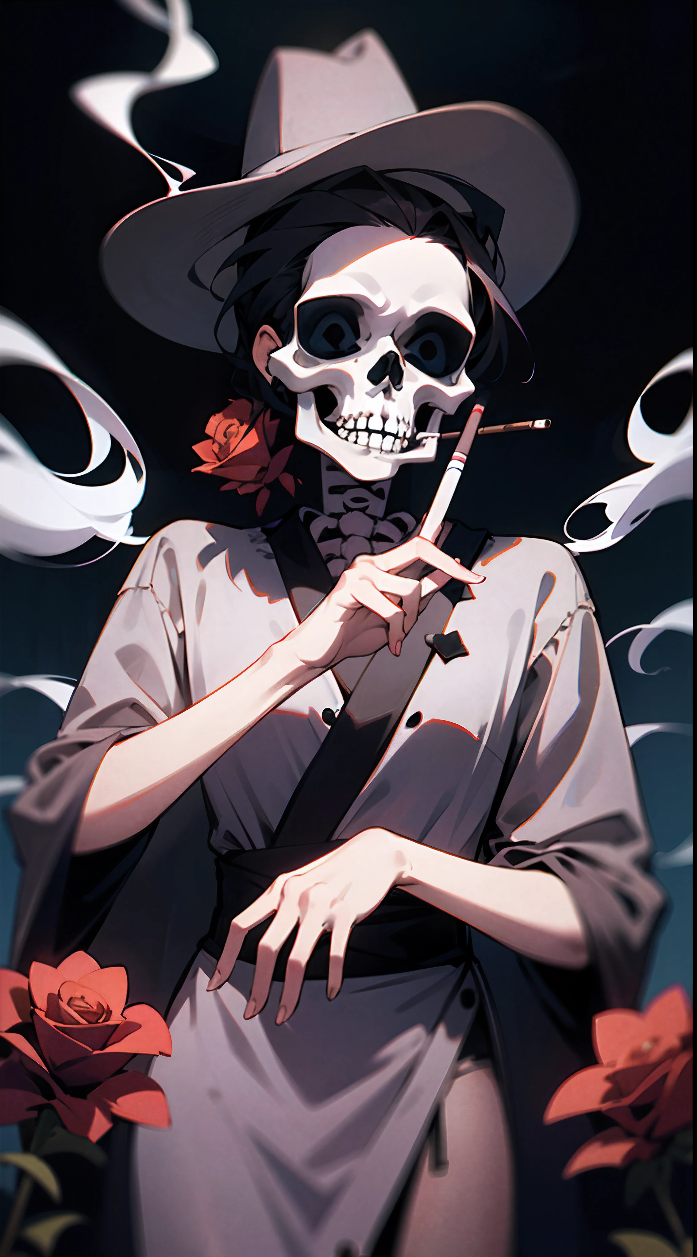 Uma obra-prima Skelleton Rocker, With a cowboy hat, Fumar uma cigarrette, sentado em um trono, disco Rigido,com rosas ,gotic, com o fundo preto.rosto de caveira e fundo sombrio.