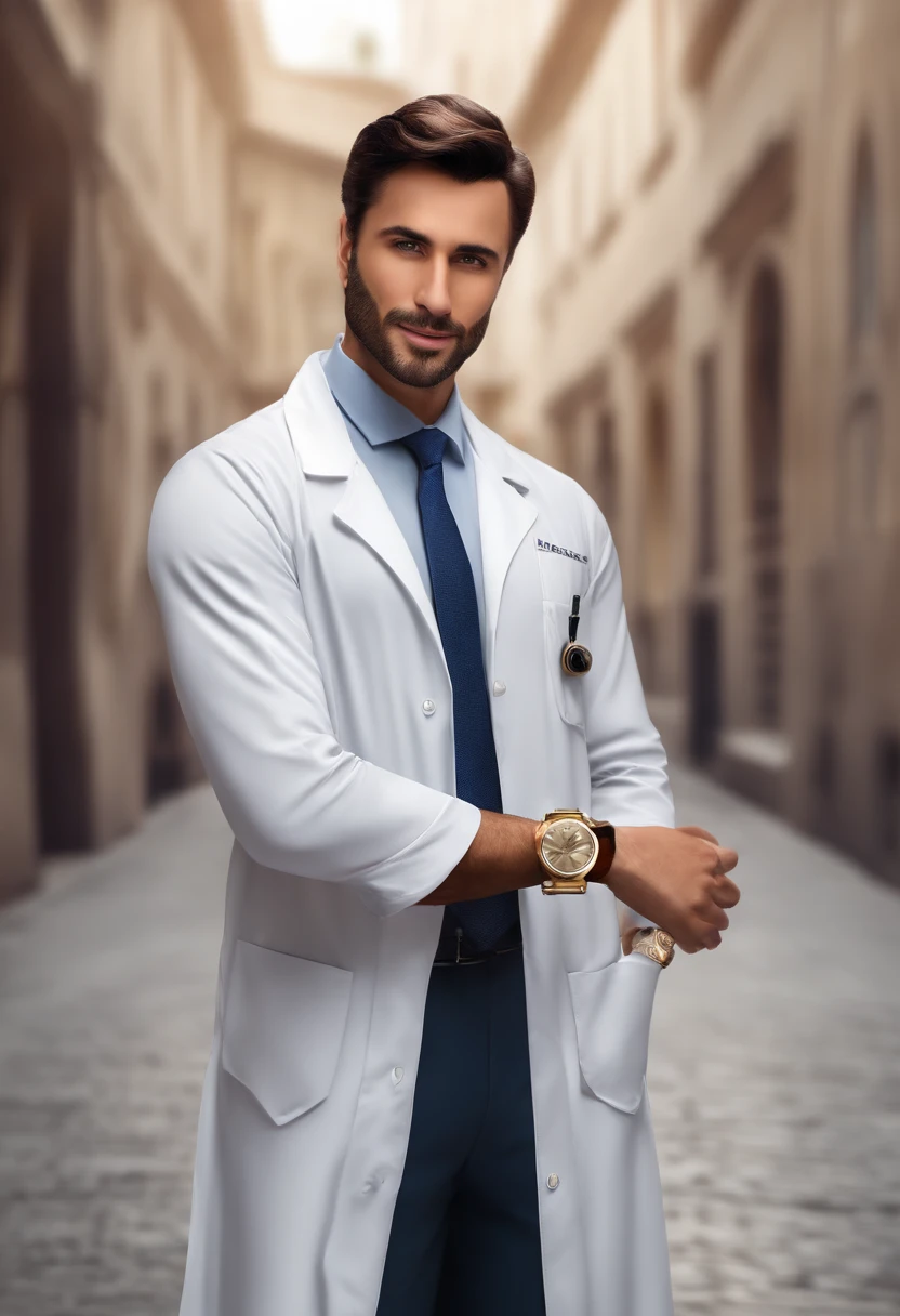 A happy handsome doctor standing short hair, vestindo de jaleco, with gold watch on his right arm, arab man, fundo branco, barnet, tom, Estilo Pixar, ..3d, desenhos animados, rosto detalhado, asymmetrical 16k