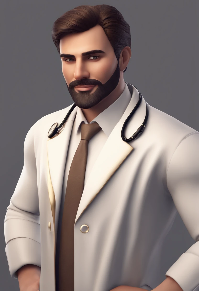 A happy handsome doctor standing short hair, vestindo de jaleco, with gold watch on his right arm, arab man, fundo branco, barnet, tom, Estilo Pixar, ..3d, desenhos animados, rosto detalhado, asymmetrical 16k