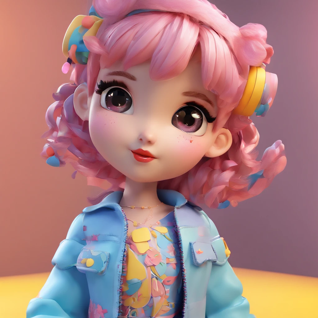 fofo, Chibi, Menina, pele brilhante, olhos castanhos, cabelo curto preto encaracolado, Vestido de festa em amarelo rosa e azul cor pastel com design doce, white sneakers, retrato, 3D rendering, alta qualidade, ( fundo liso), (perfect hands), (corpo inteiro), female, 8k