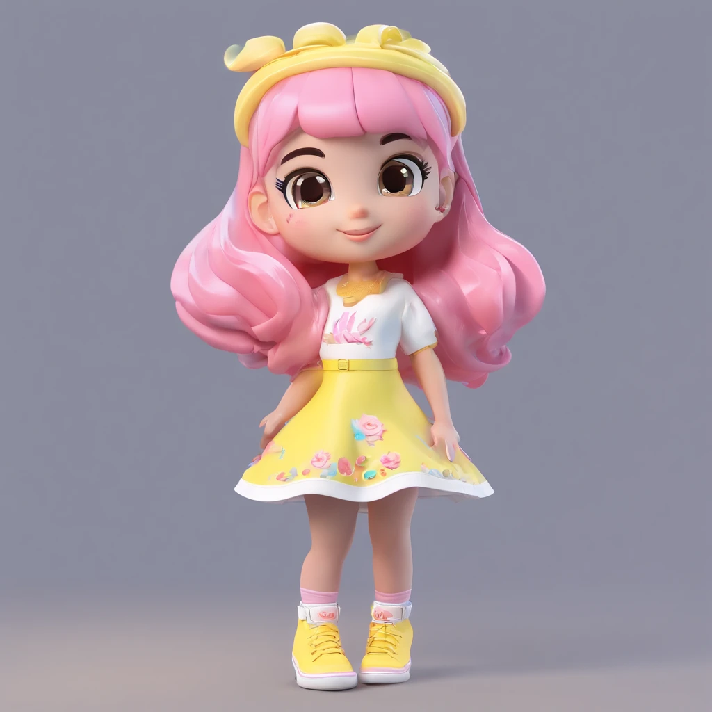 fofo, Chibi, , pele brilhante, olhos castanhos, cabelo curto preto encaracolado, Vestido de festa em amarelo rosa e azul cor pastel com design doce, white sneakers, retrato, 3D rendering, alta qualidade, ( fundo liso), (perfect hands), (corpo inteiro), female, 8k