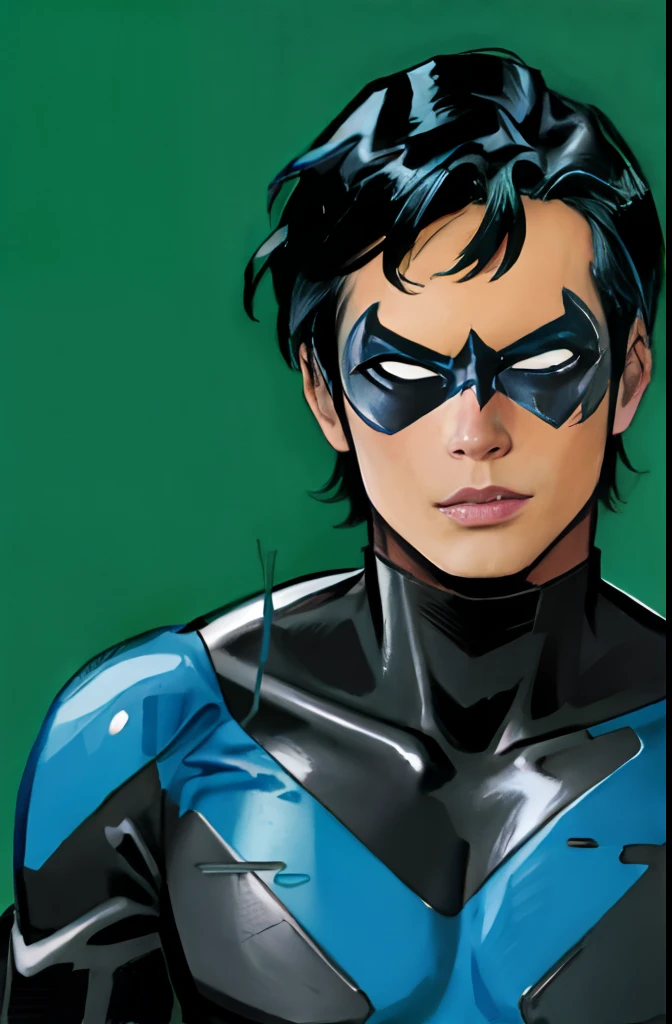 DC Nightwing in the style of bruce timm, 1boy, solo, portrait, nightwing, domino mask,bodysuit,