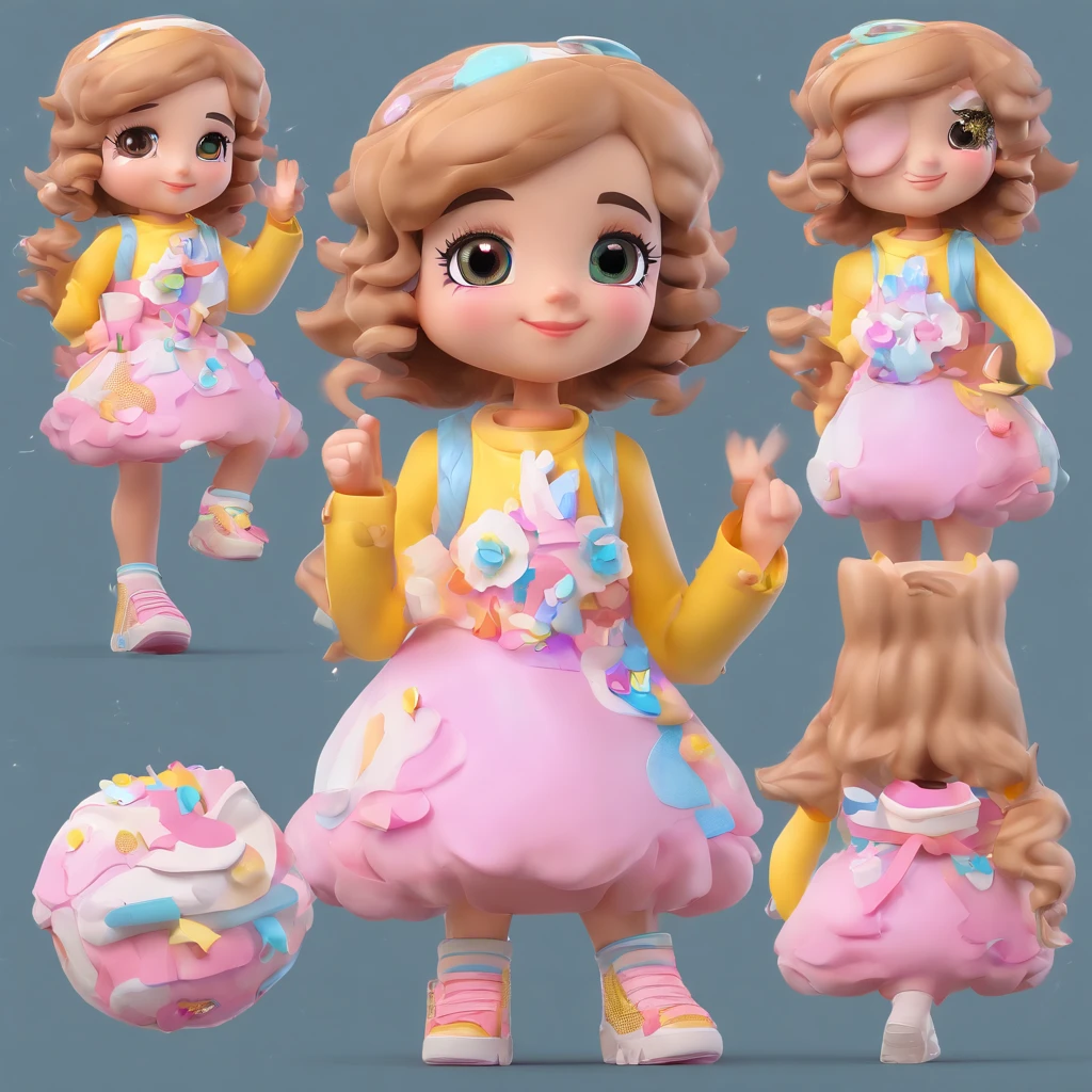 fofo, Chibi, Menina, pele brilhante, olhos castanhos, cabelo curto preto encaracolado, Vestido de festa em amarelo rosa e azul cor pastel com design doce, white sneakers, retrato, 3D rendering, alta qualidade, ( fundo liso), (perfect hands), (corpo inteiro), female, 8k