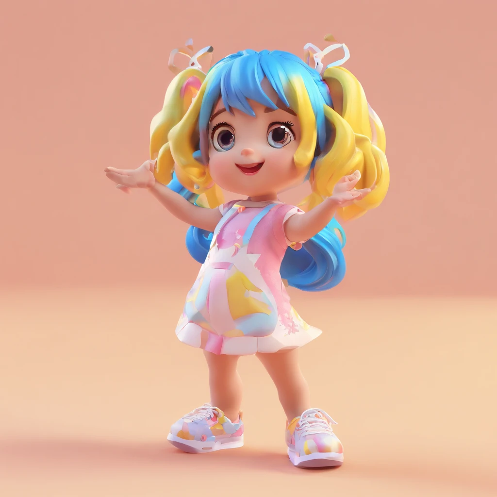 fofo, Chibi, Menina, pele brilhante, olhos castanhos, cabelo curto preto encaracolado, Vestido de festa em amarelo rosa e azul cor pastel com design doce, white sneakers, retrato, 3D rendering, alta qualidade, ( fundo liso), (perfect hands), (corpo inteiro), female, 8k