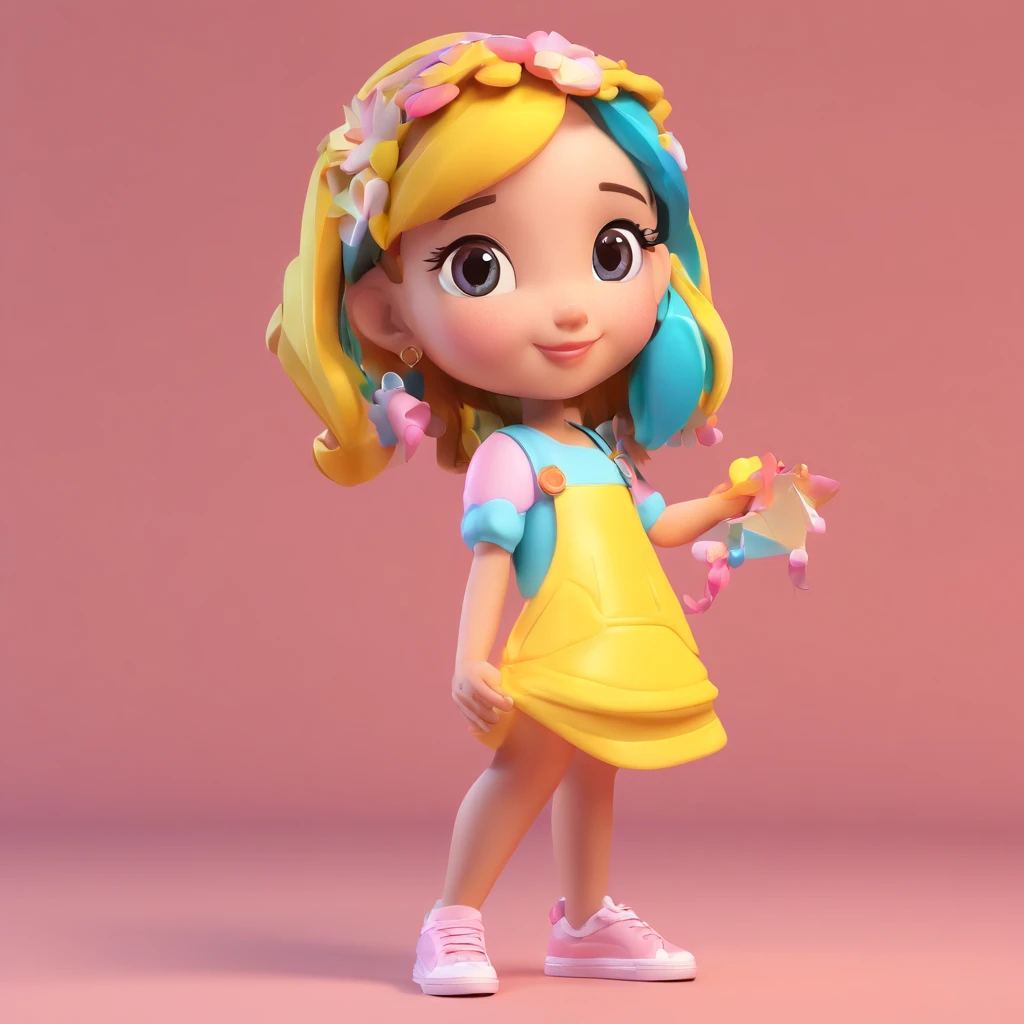 fofo, Chibi, , pele brilhante, olhos castanhos, cabelo curto preto encaracolado, Vestido de festa em amarelo rosa e azul cor pastel com design doce, white sneakers, retrato, 3D rendering, alta qualidade, ( fundo liso), (perfect hands), (corpo inteiro), female, 8k