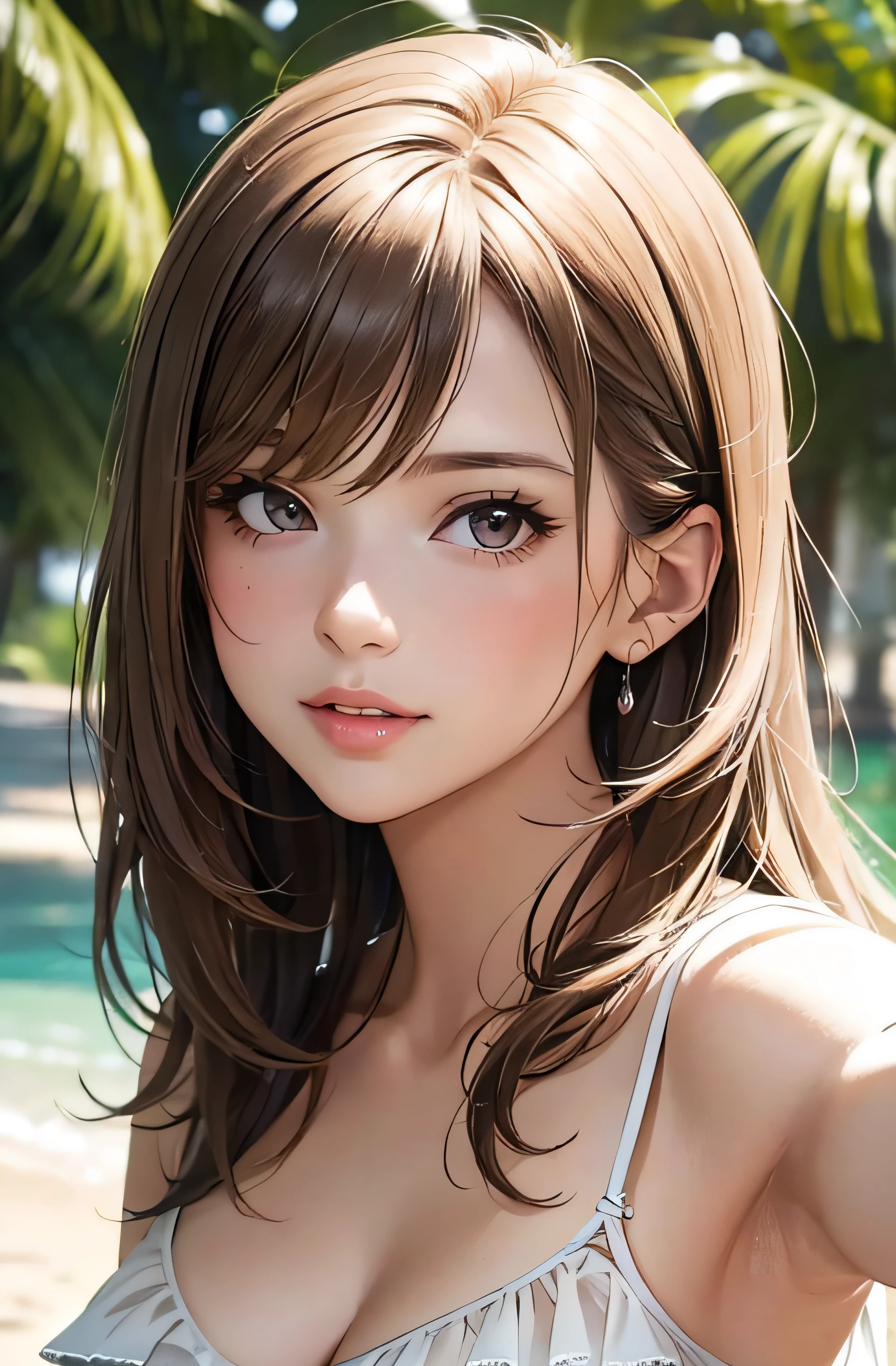 girl in summer clothes, taking a sefie, random background, kiss, beautiful, medium breasts, flirtatious look, ((very detailed)), (perfectly detailed face), (well detailed hand), (well detailed hand), (well detailed hand), (well detailed hand), (well detailed hand) photorealistic image.