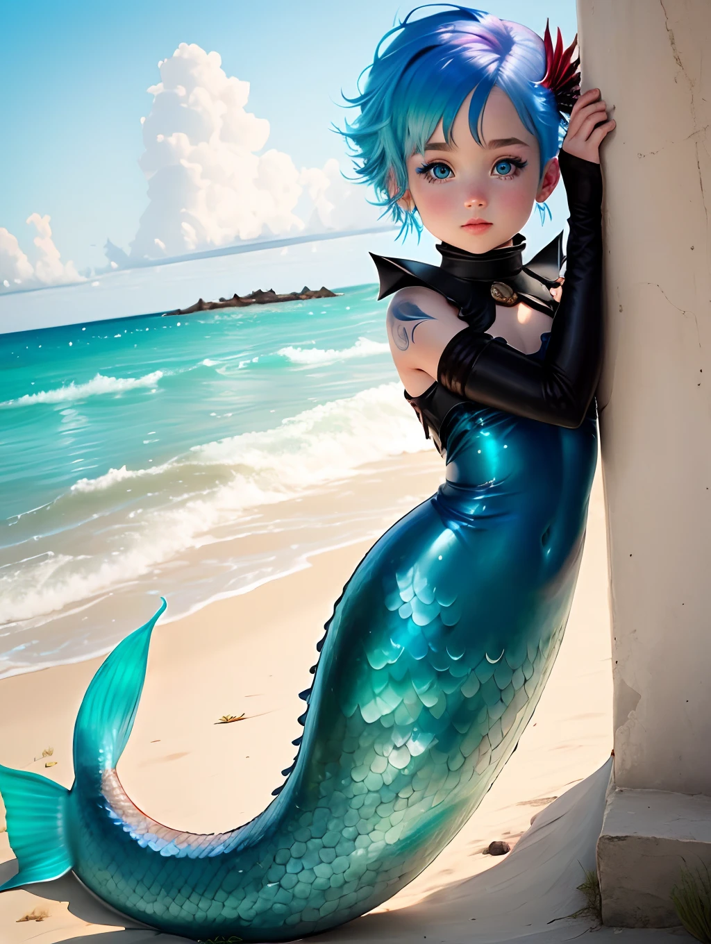 Mermaid  with blue hair and eyes. She has a red tail