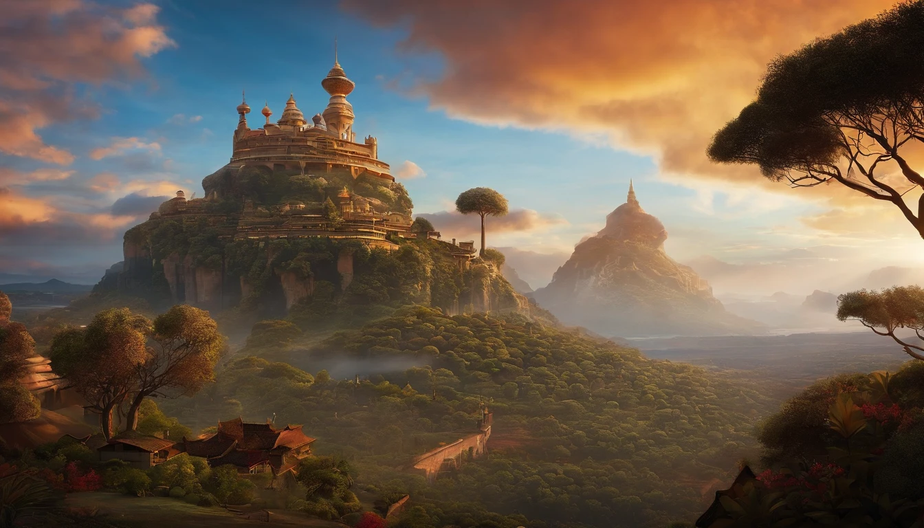 sky city, natives below, a large piece of land in the sky and houses above it
