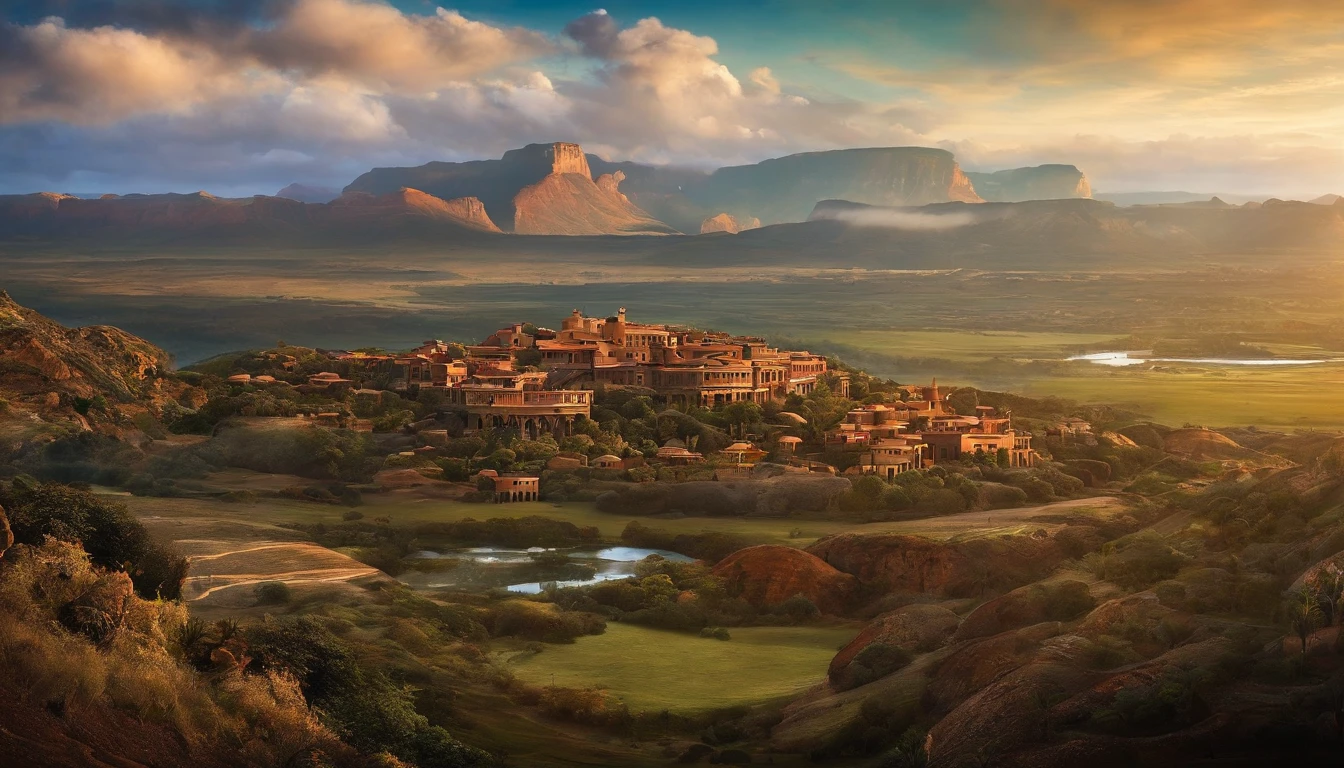 sky city, natives below, a large piece of land in the sky and houses above it