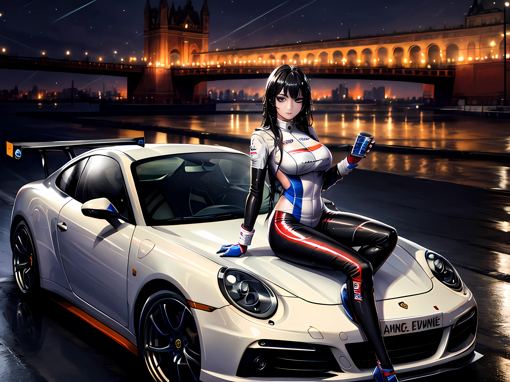 Unreal Engine 5 Realistic Rendering, Race QueenUniform, Exquisite beauty, Beautiful face, Body shape of slim model, Colossal tits, shiny, wet shiny body, black hair, blue eyes, racing car, leaning on porsche 911, night time