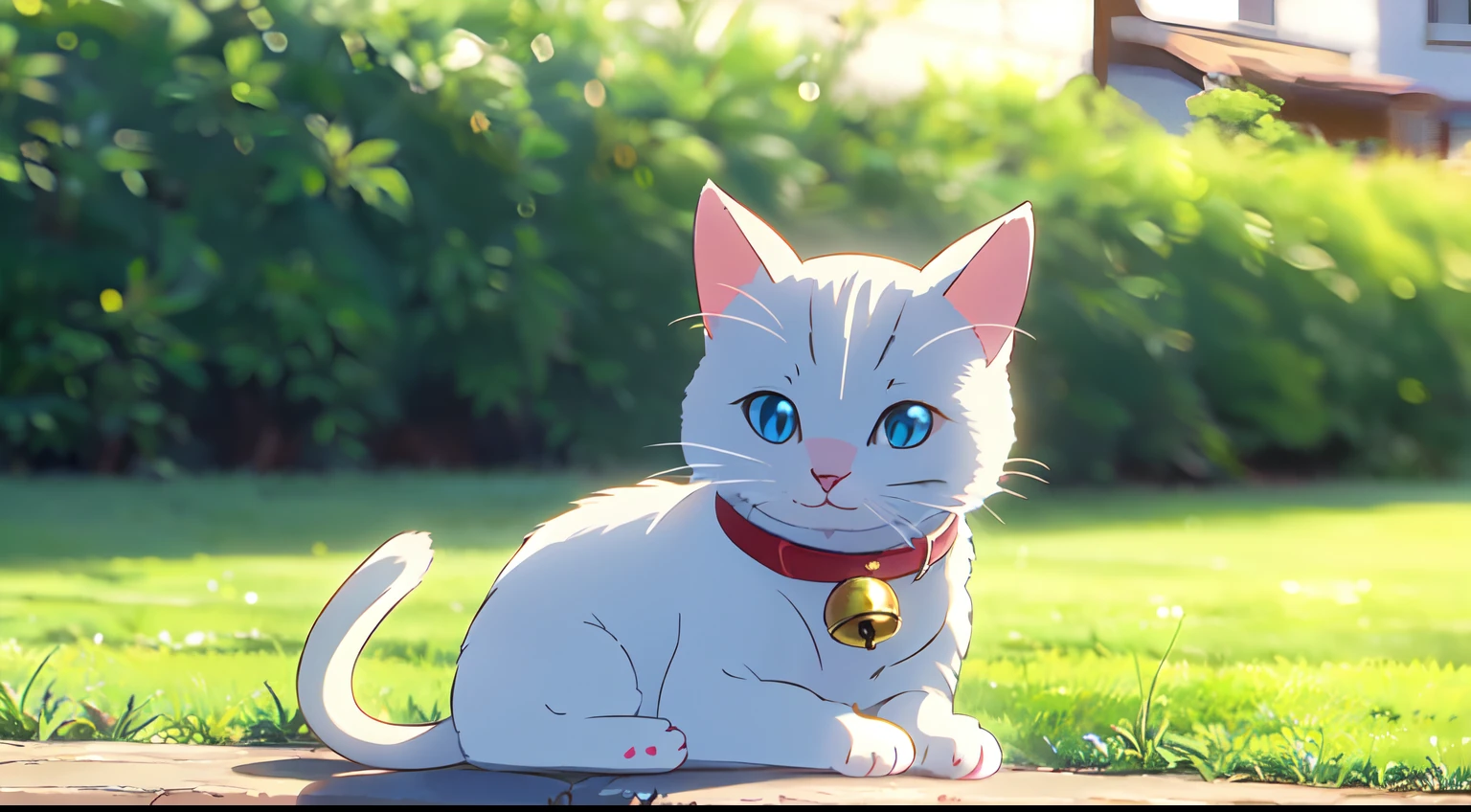 masterpiece, (1little cat), (baby cat), solo, (fluffy white fur), (light blue eyes), outdoor, close up, bell on neck, SHINKAI MAKOTO
