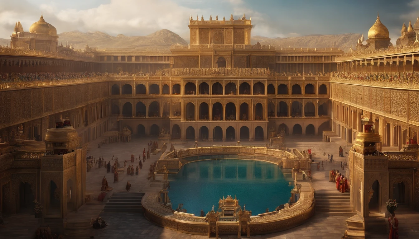 big palace and a throne in the middle, a king sitting on the throne, and a lot of people with him